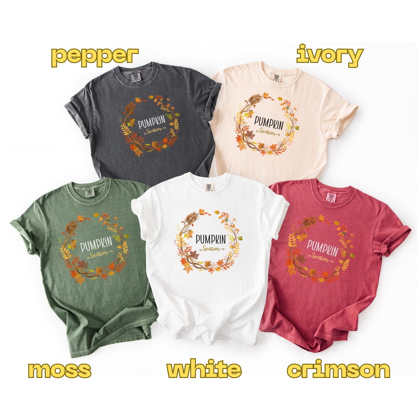 Five t-shirts in different colors with 'Pumpkin' design on a white background