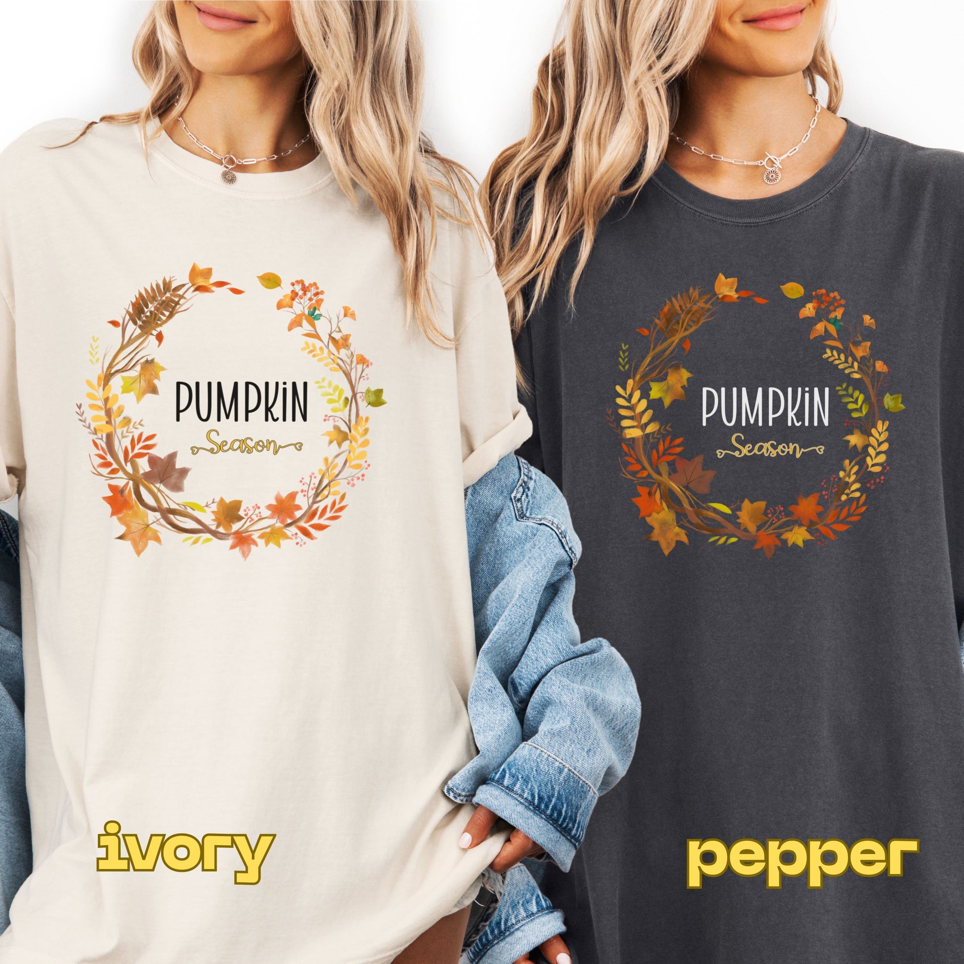 Two people wearing sweatshirts with 'Pumpkin Season' design, one in ivory and one in pepper color.