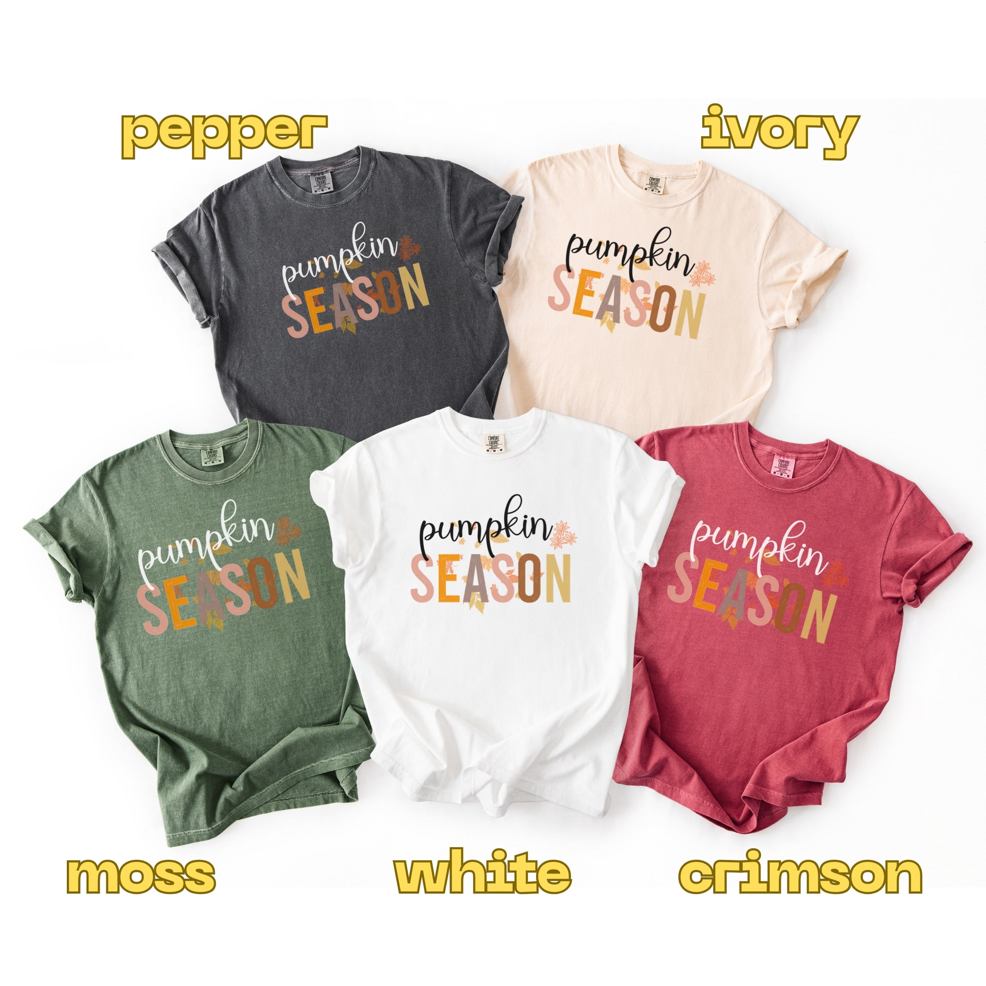 Five t-shirts in different colors with 'pumpkin season' text on a white background