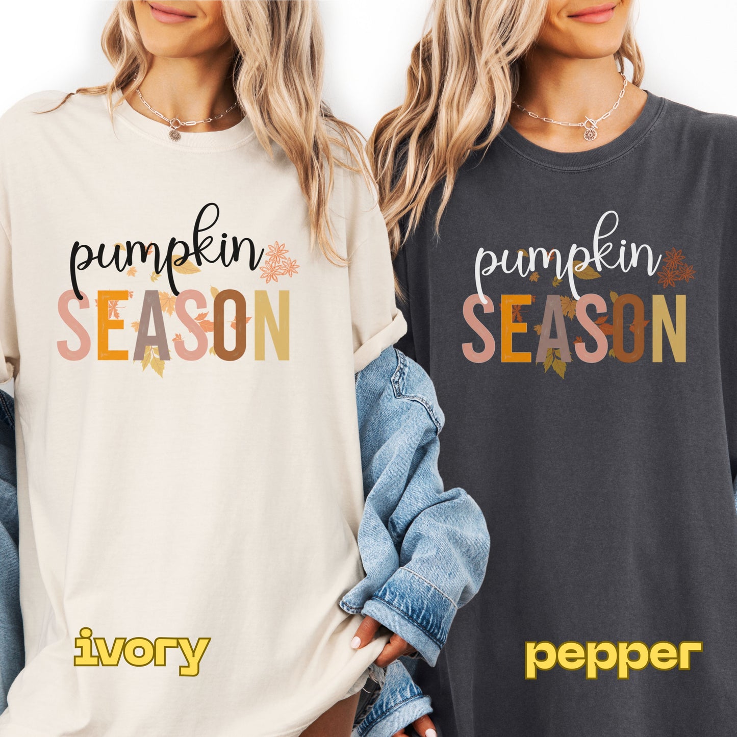 Two people wearing 'Pumpkin Season' shirts in ivory and pepper colors.