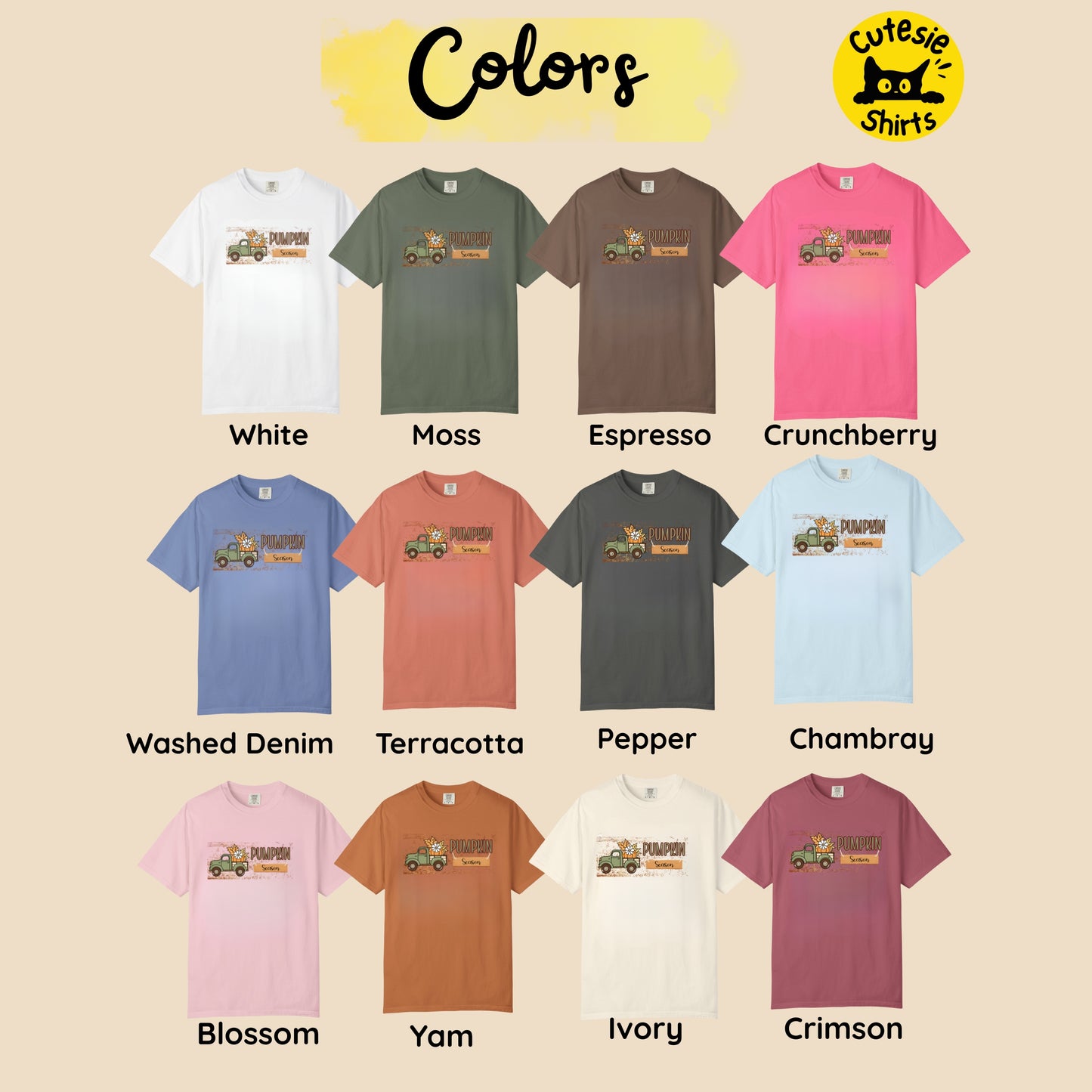 Collection of t-shirts in various colors with brand name 'Cutesie Shirts' displayed.