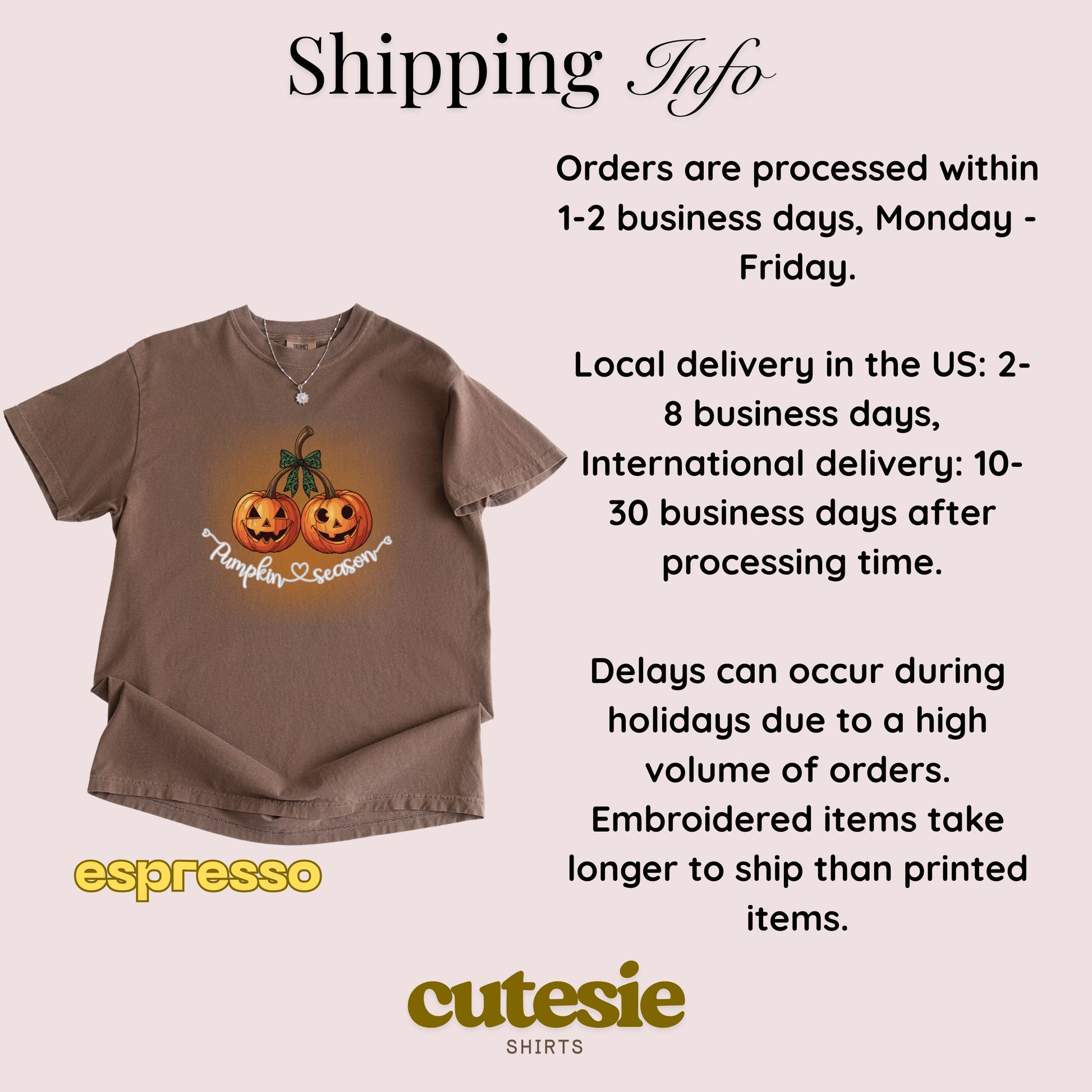 Brown t-shirt with Halloween design and shipping information on a light pink background