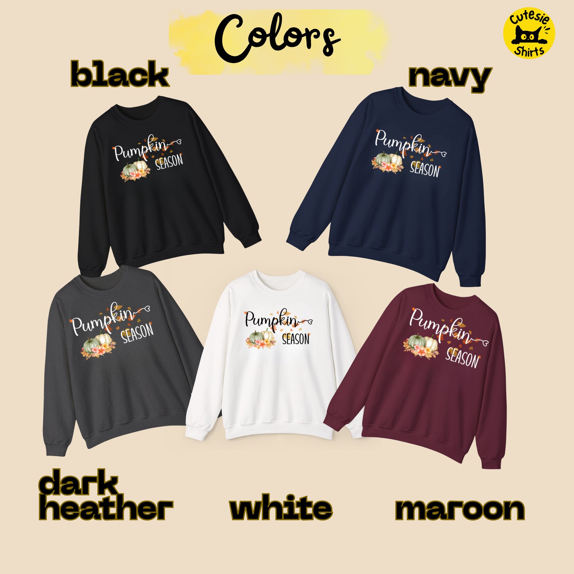 Five sweatshirts in black, navy, dark heather, white, and maroon with 'Pumpkin Season' text on a beige background.