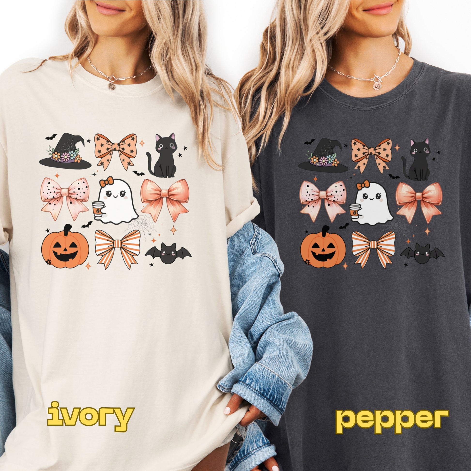 Two people wearing Halloween-themed sweatshirts in ivory and pepper colors.