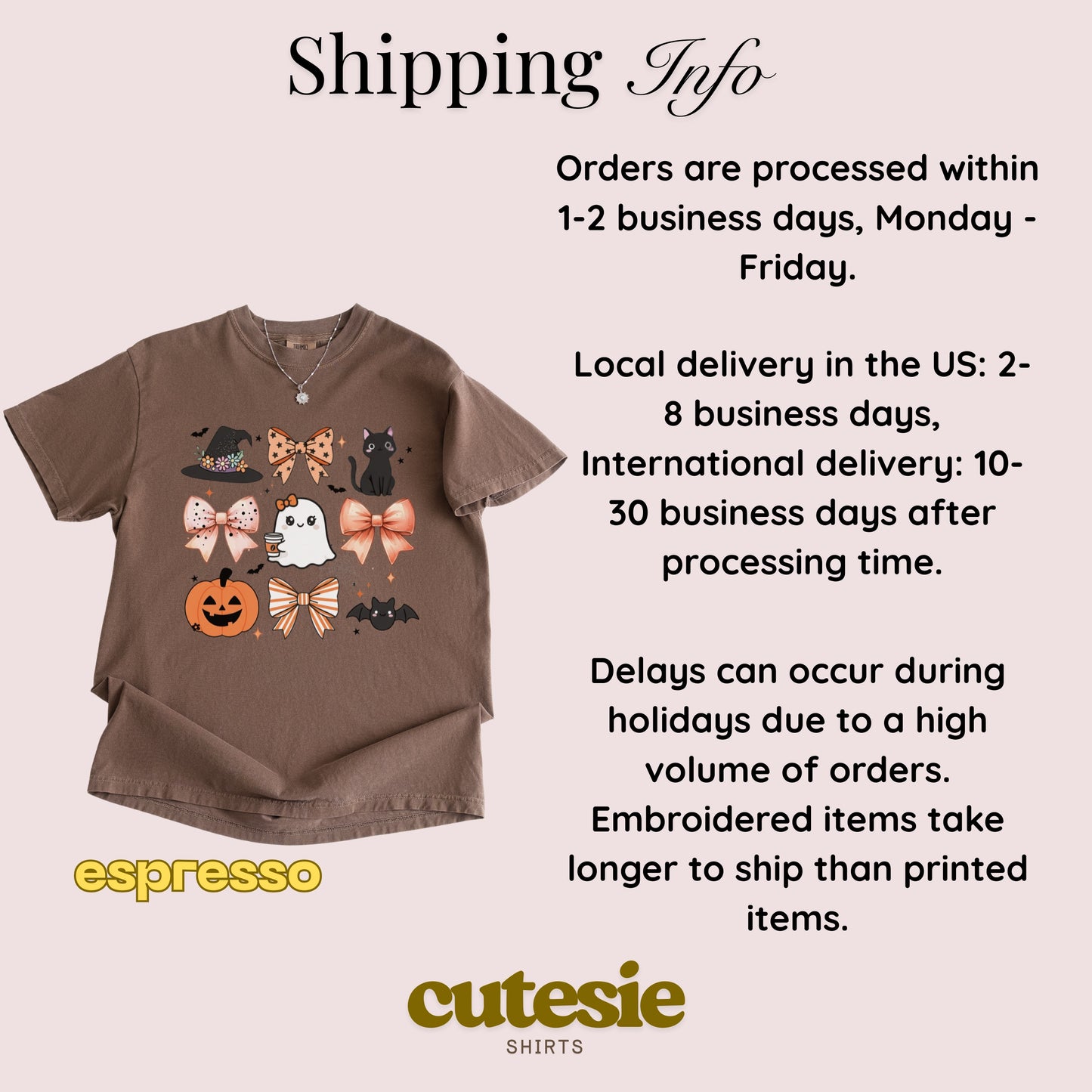 Brown t-shirt with Halloween-themed design and shipping information on a light pink background