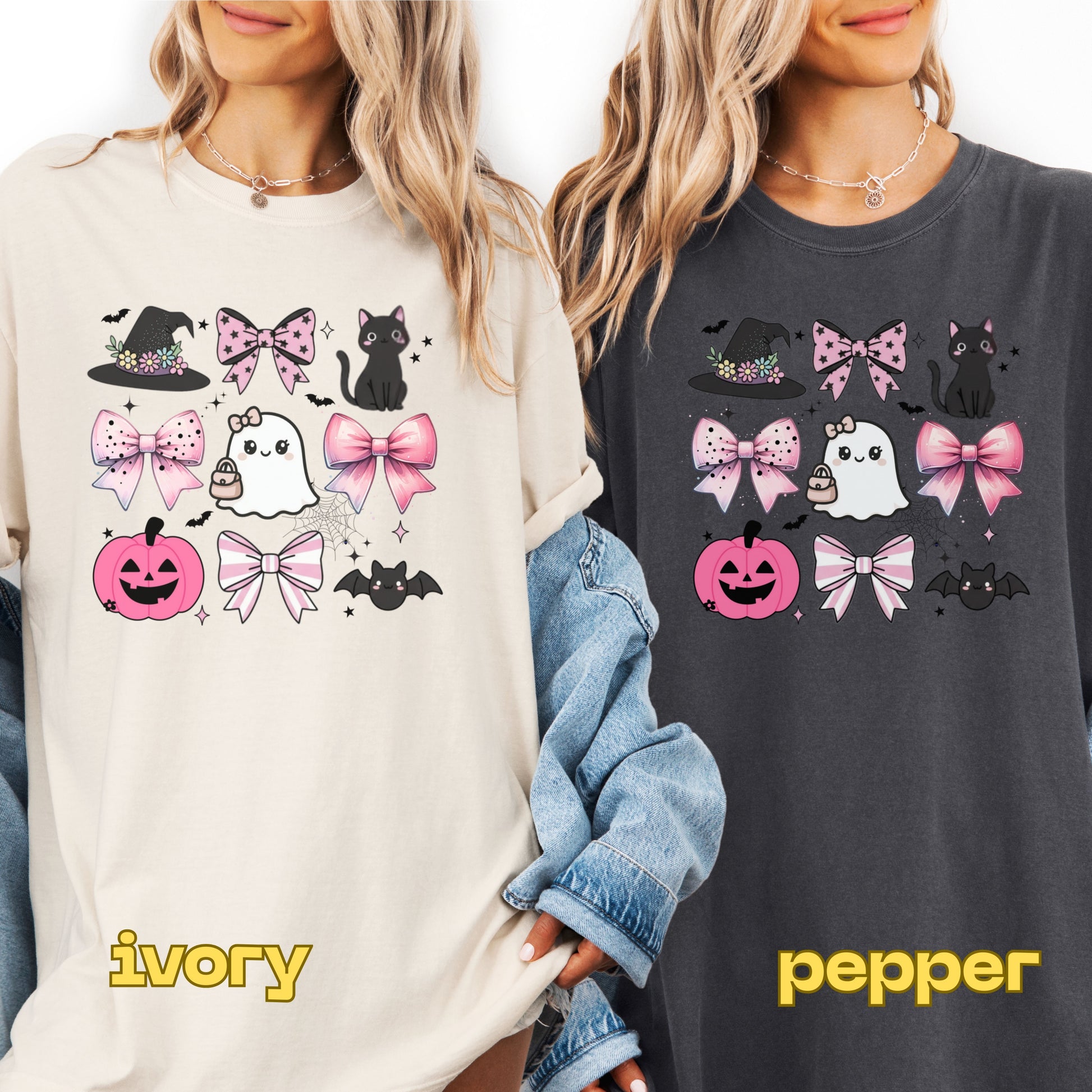 Two people wearing sweatshirts with Halloween-themed designs in ivory and pepper colors.