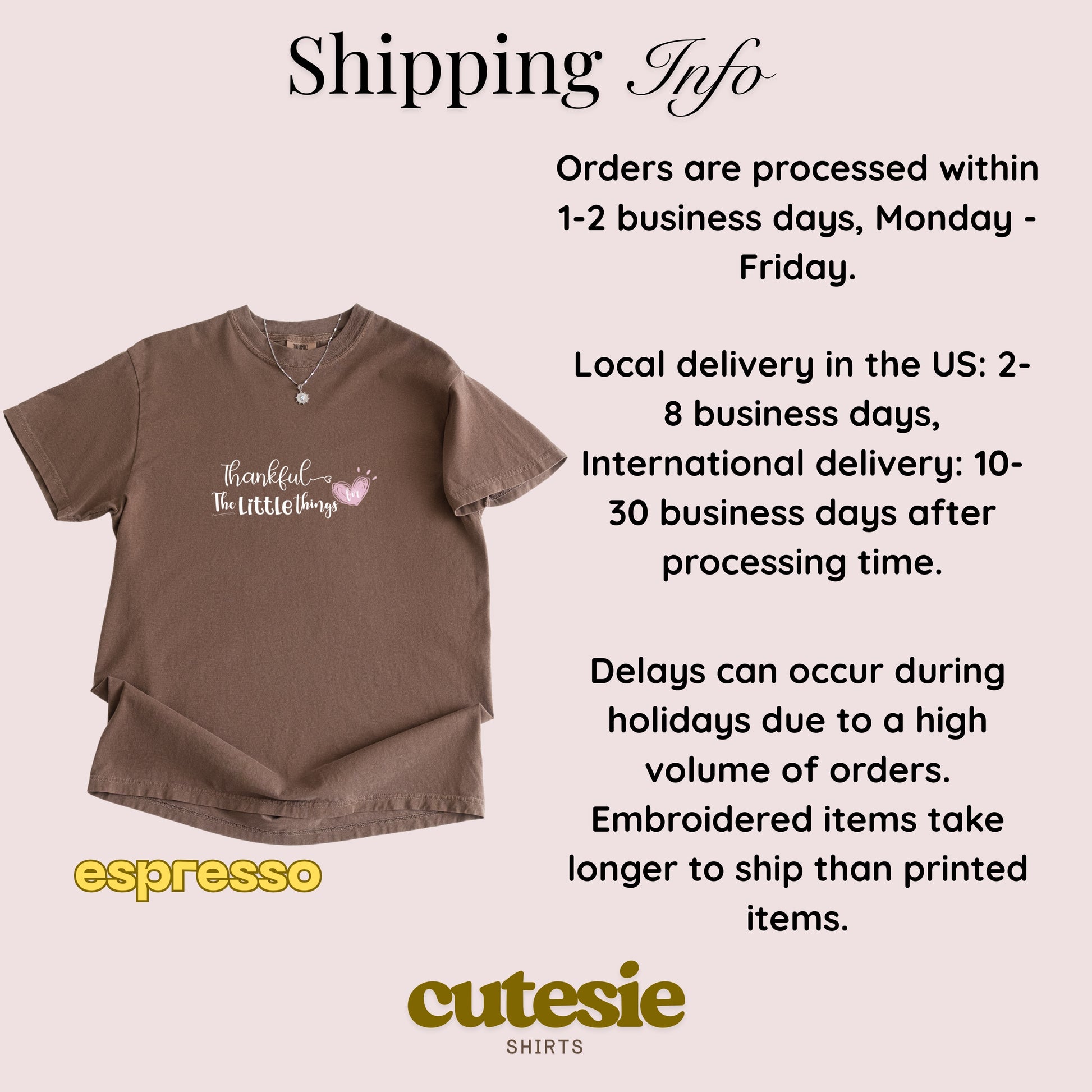 Brown t-shirt with text and 'cutesie shirts' branding on a light pink background with shipping information.