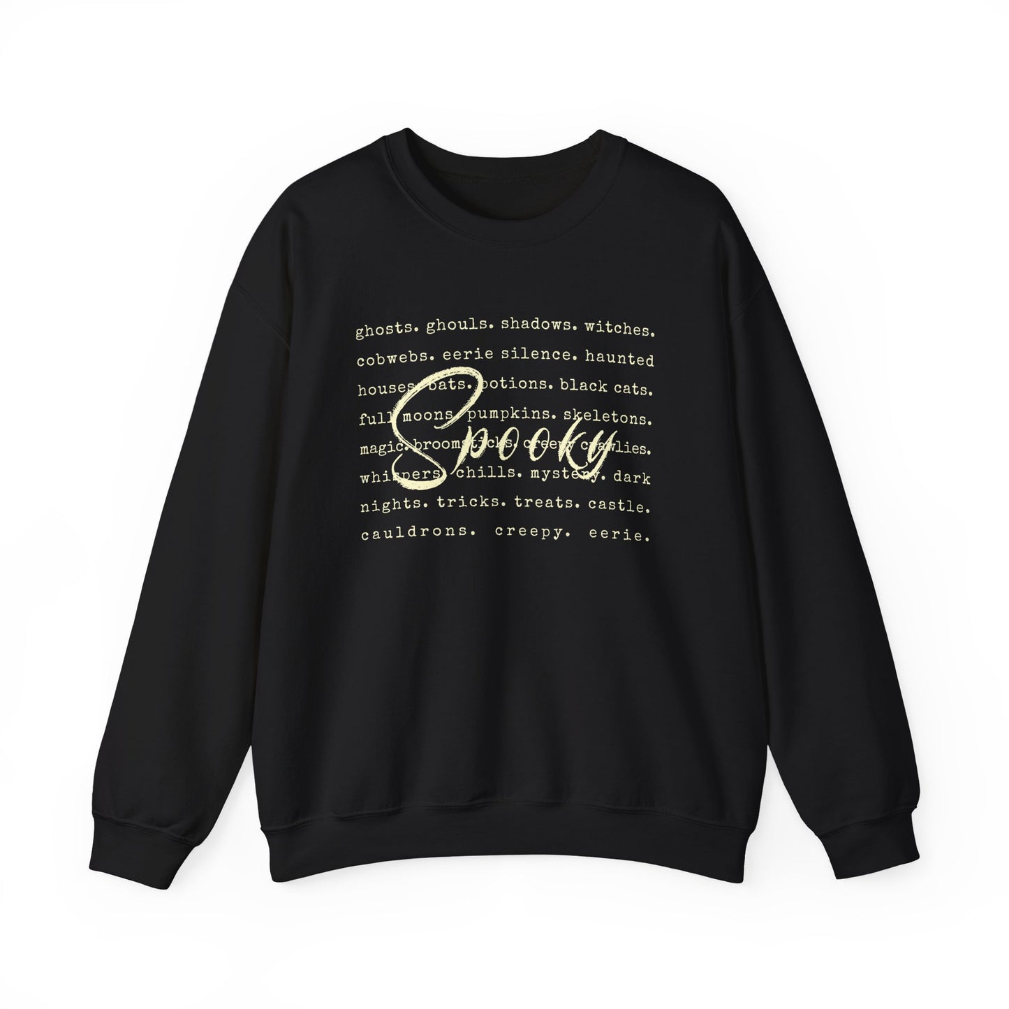 Black sweatshirt with white text and 'Spooky' graphic on a white background