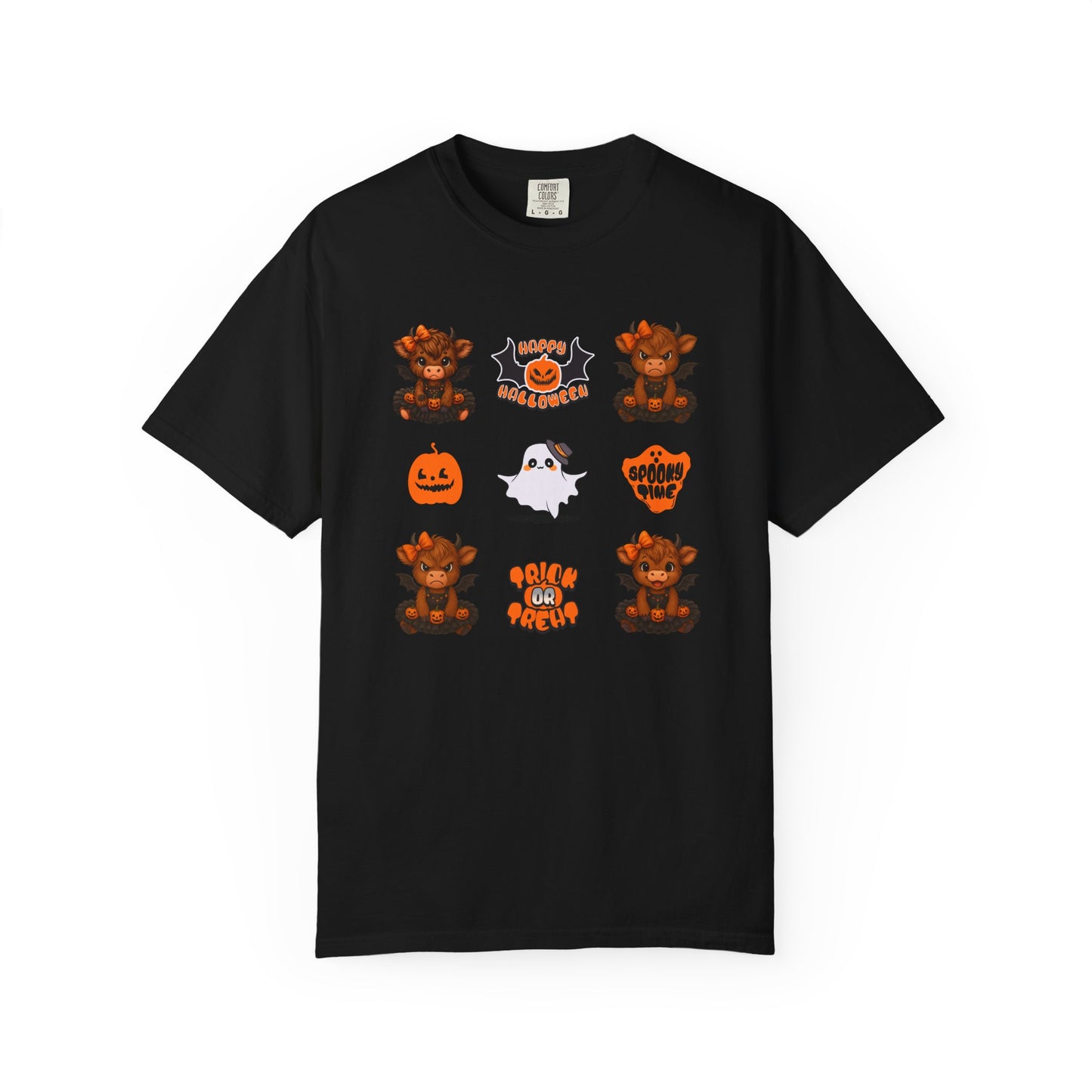Black t-shirt with Halloween-themed graphics on a white background