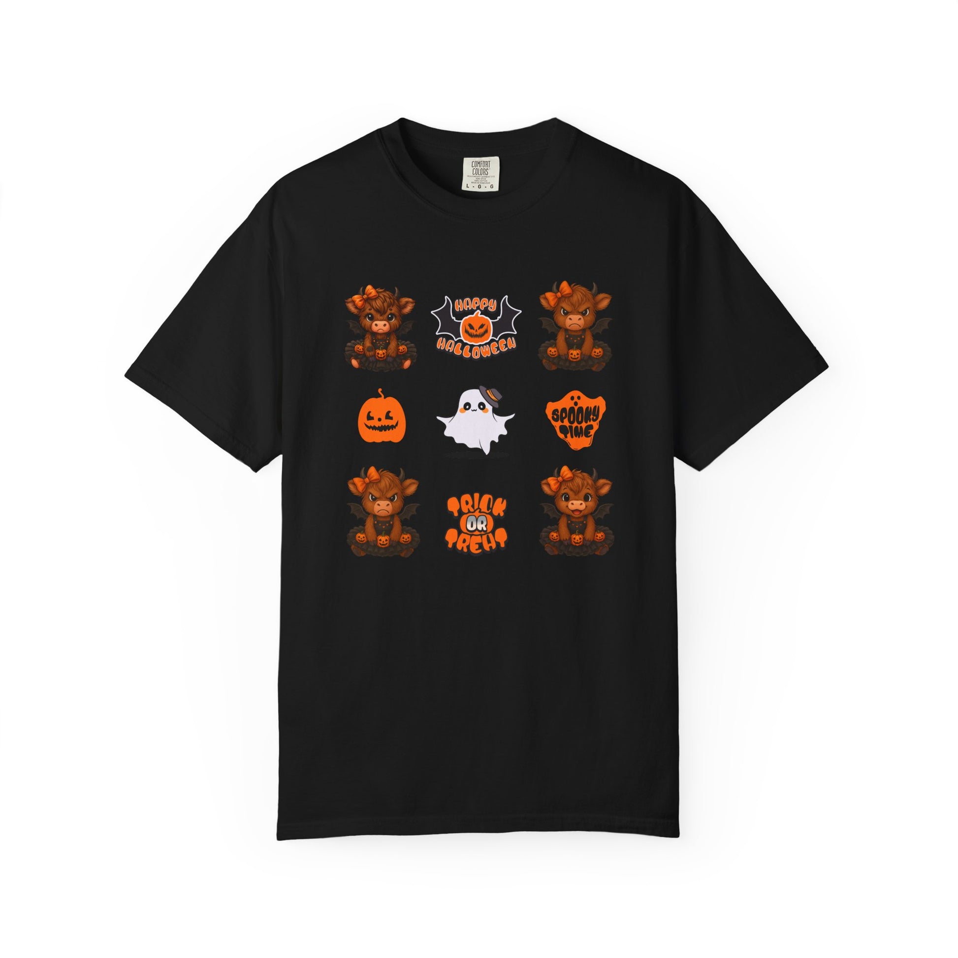 Black t-shirt with Halloween-themed graphics on a white background