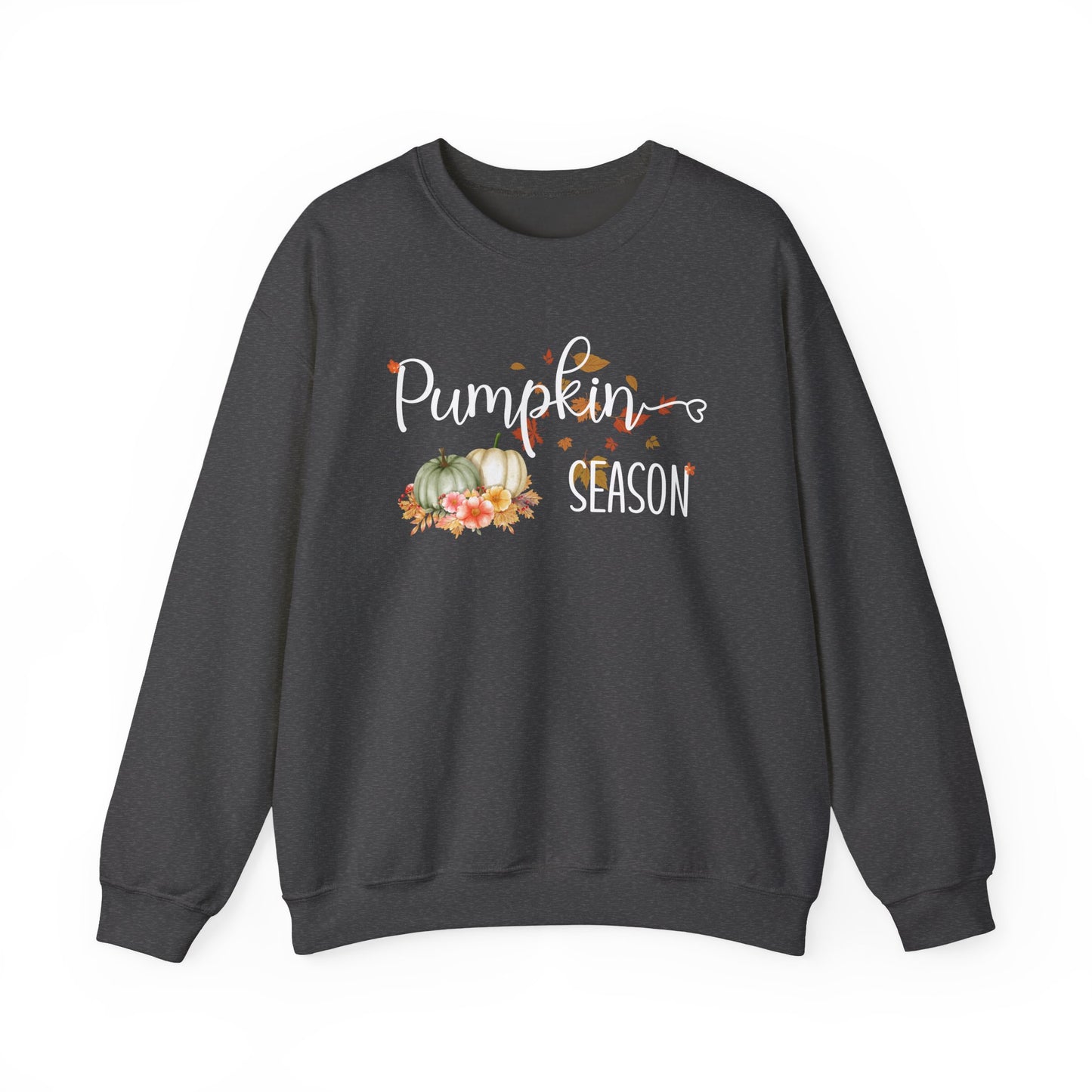 Dark gray sweatshirt with 'Pumpkin Season' text and pumpkin graphics on a white background