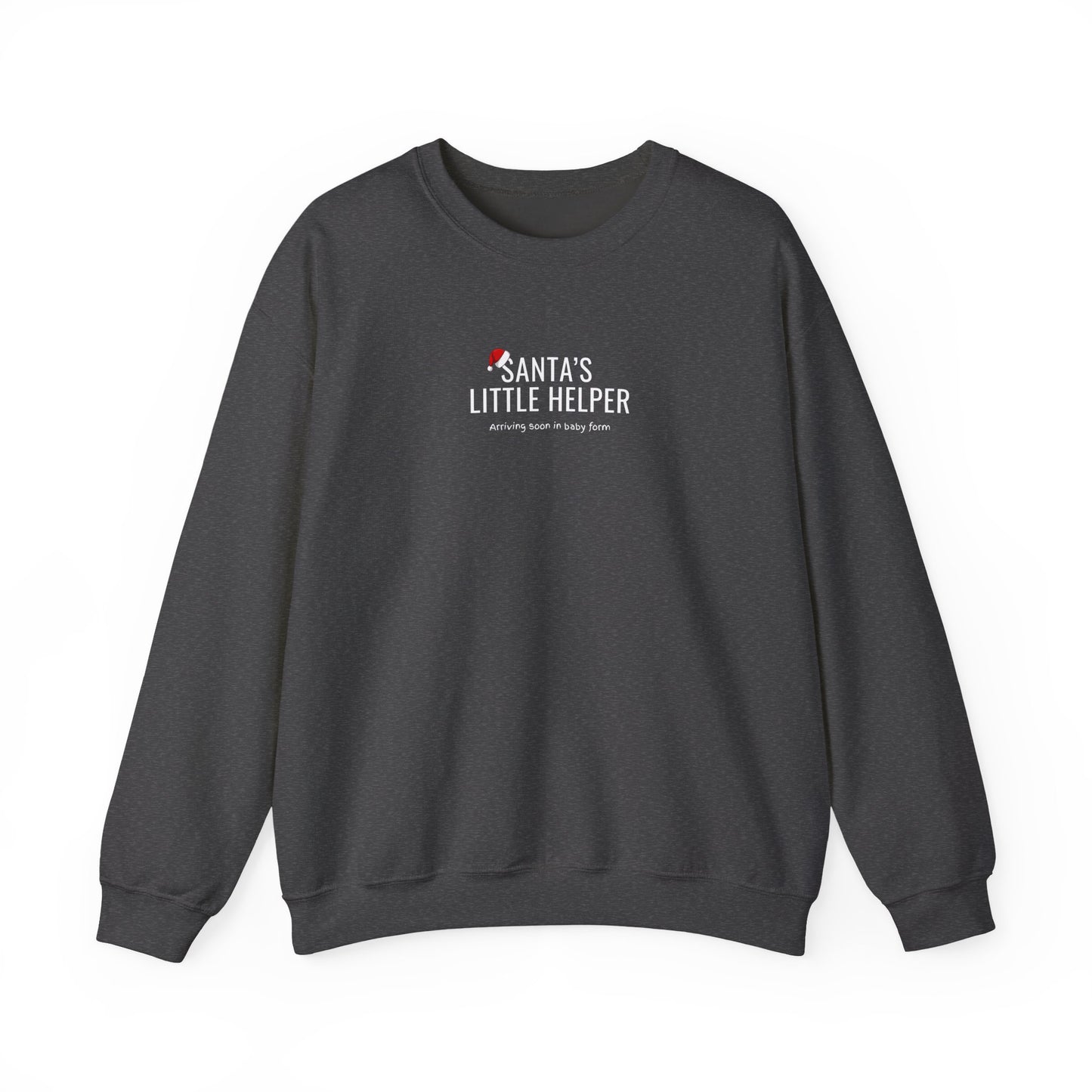 Dark gray sweatshirt with 'Santa's Little Helper' text on a white background