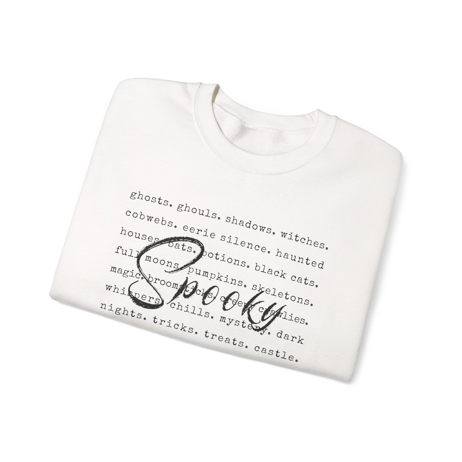White sweatshirt with Halloween-themed text and 'Spooky' printed on it, folded on a white background.