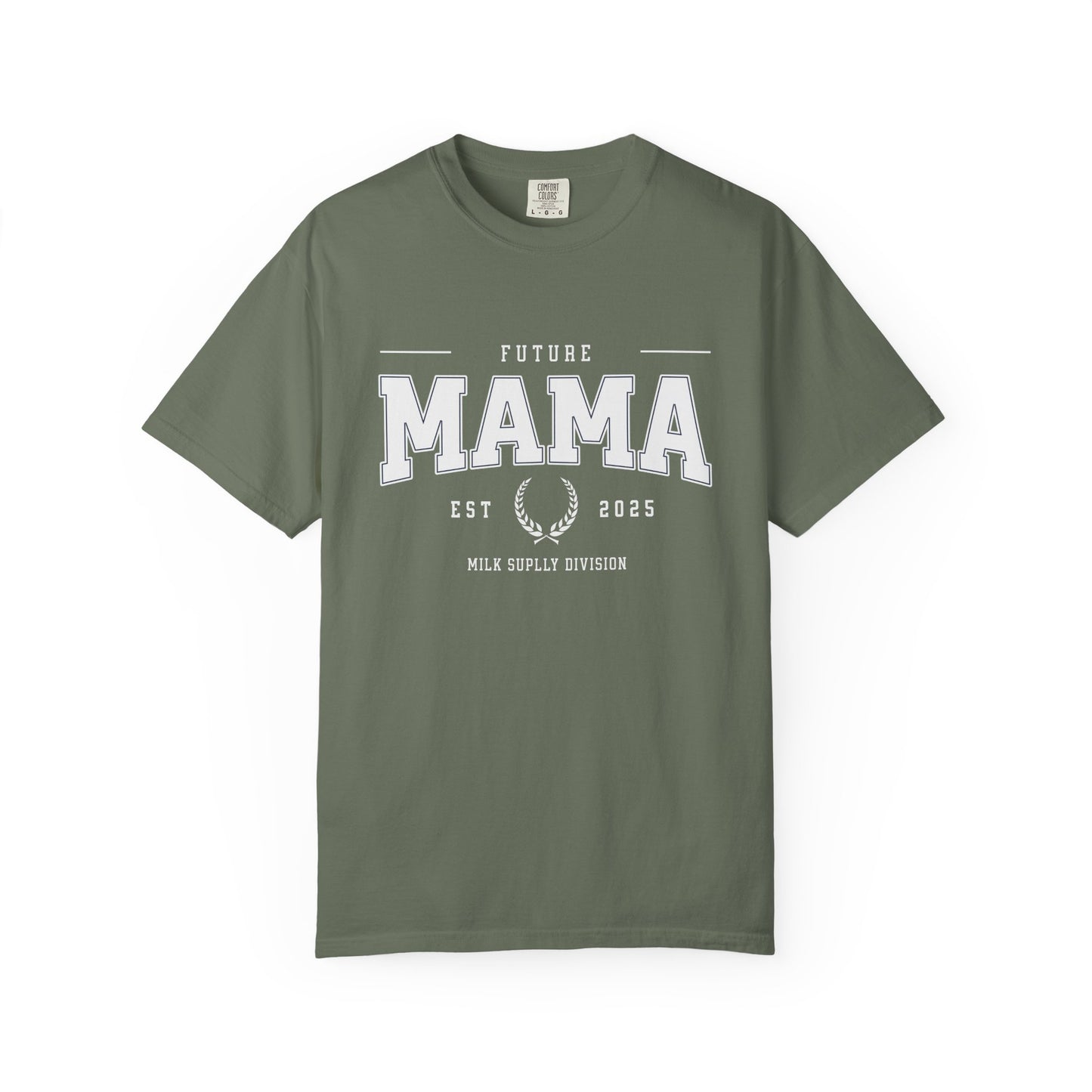 Green t-shirt with 'Future Mama' text on a white background