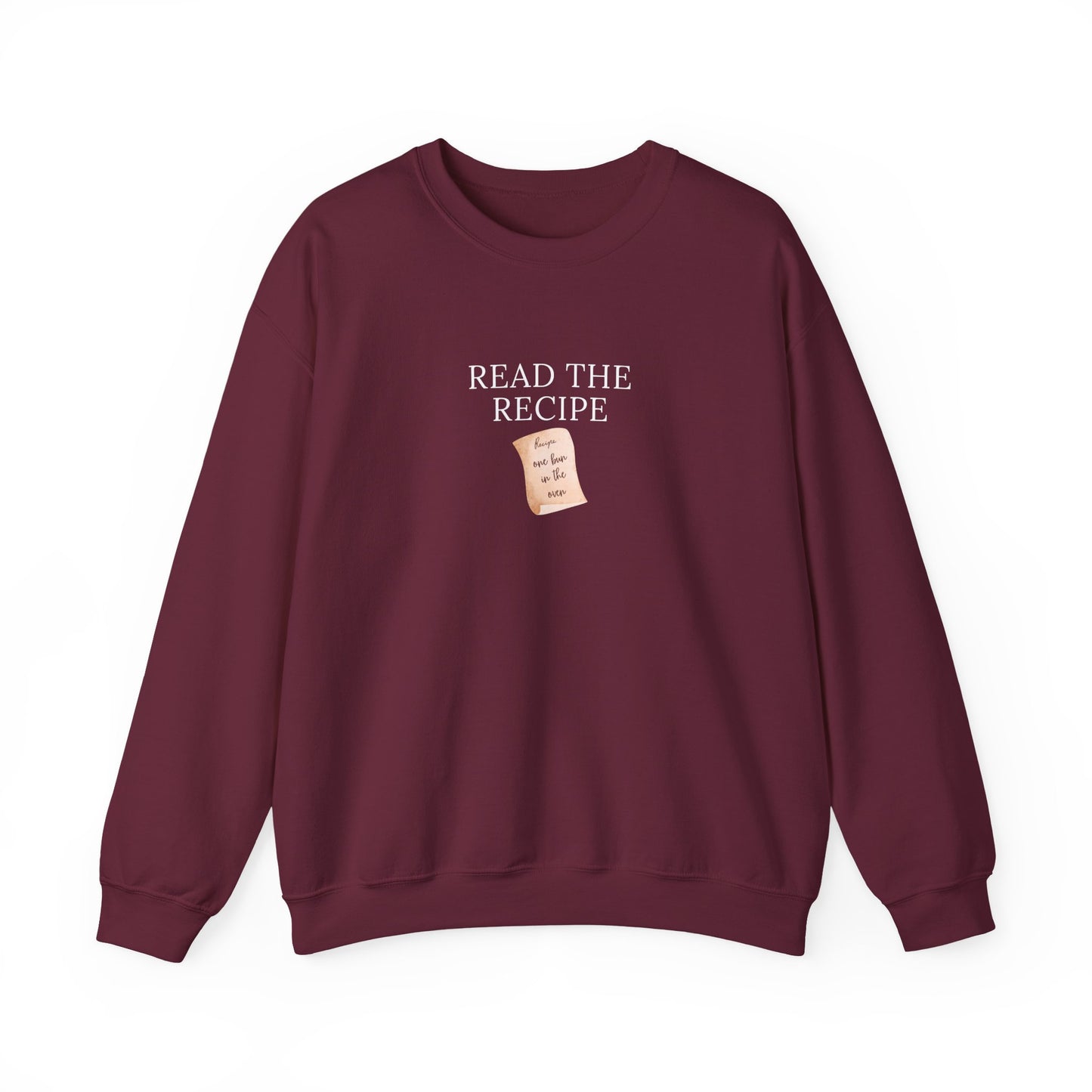 Maroon sweatshirt with 'READ THE RECIPE' text and a small graphic on a white background