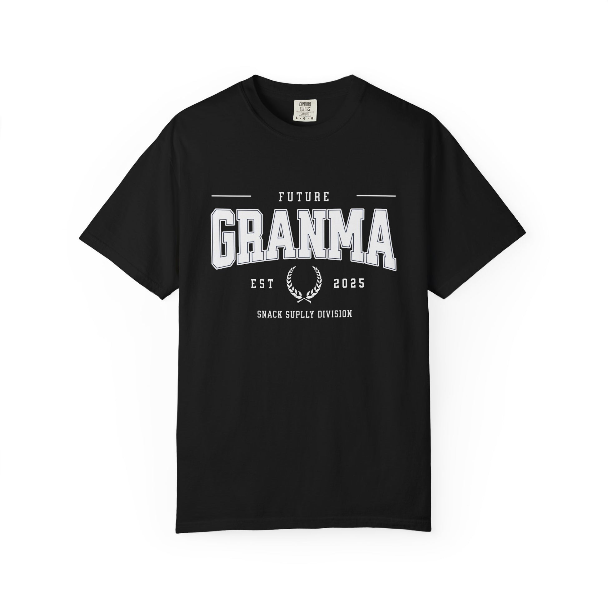 Black t-shirt with 'Future Granma' text on a white background