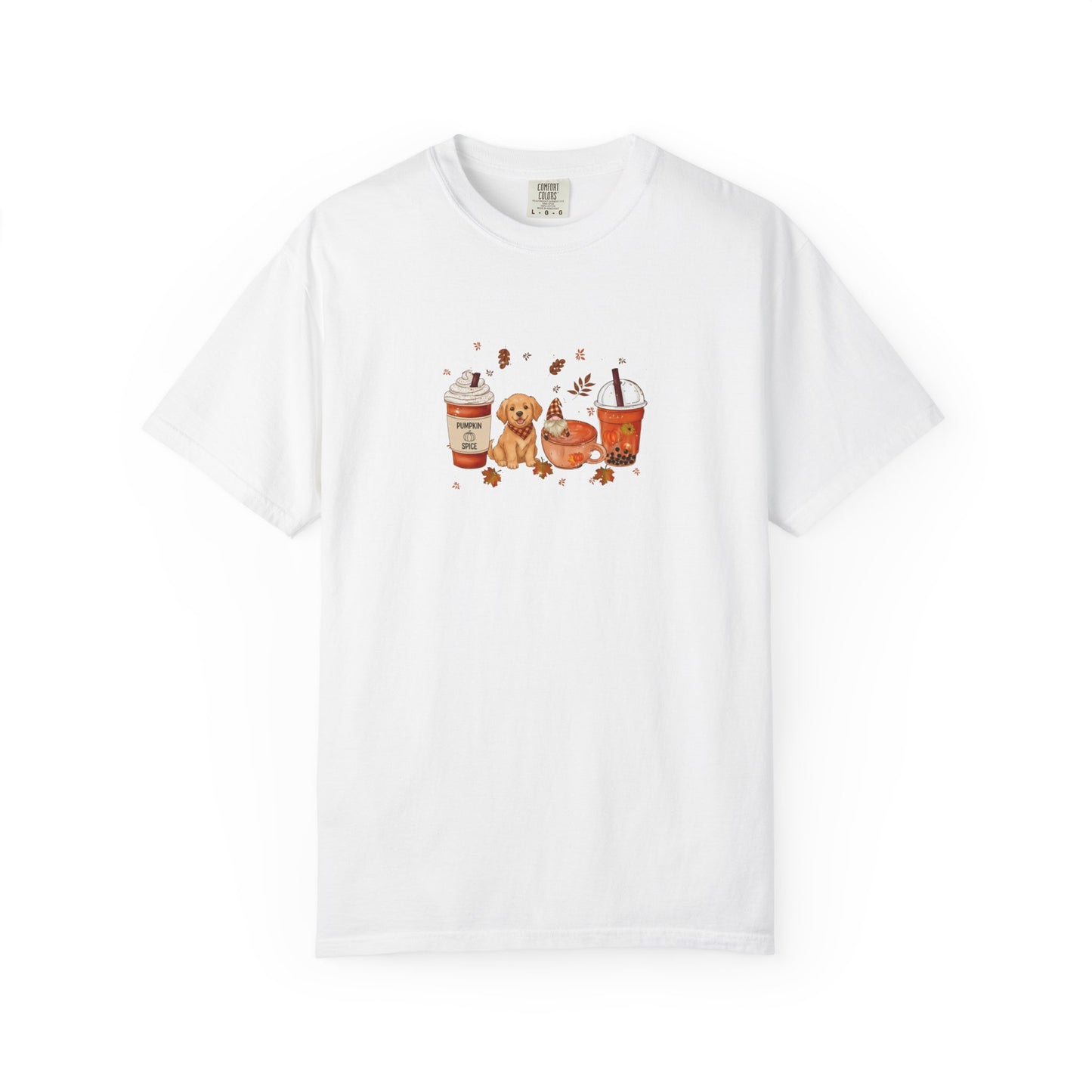White t-shirt with a graphic design of a dog, coffee cups, and cookies on a white background