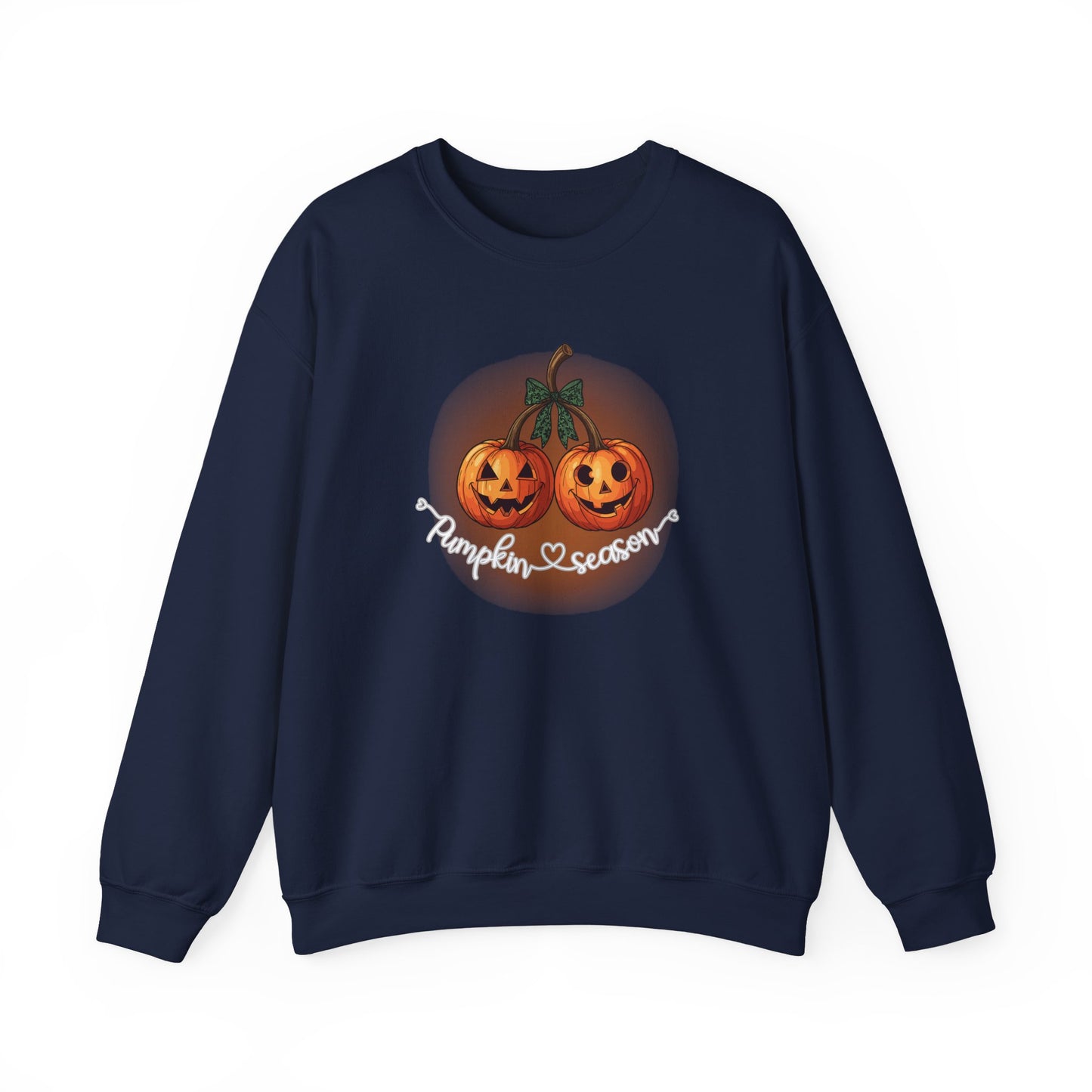 Navy blue sweatshirt with Halloween-themed design of pumpkins and 'Pumpkin Season' text on a white background.