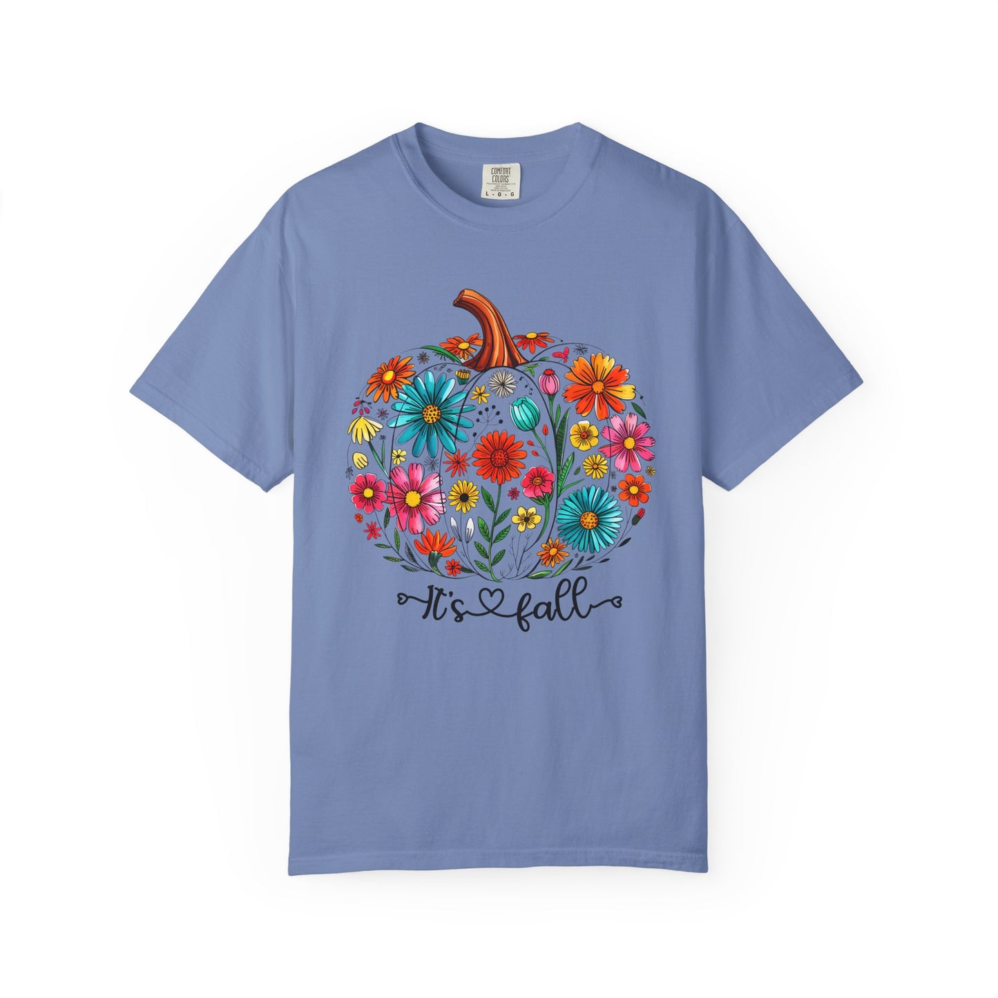 Blue t-shirt with a colorful pumpkin design and 'It's fall' text on a white background