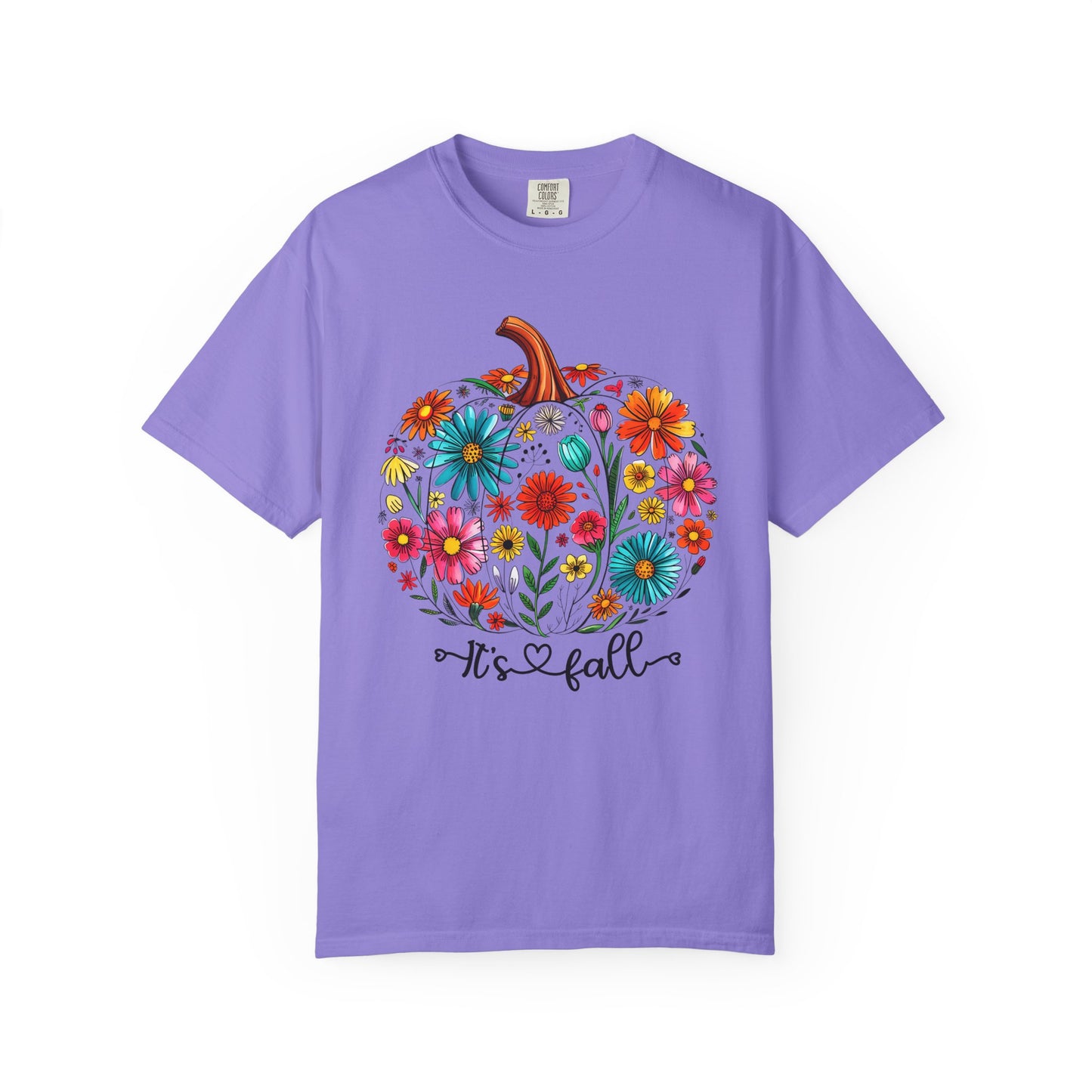 Purple t-shirt with a colorful pumpkin and floral design on a white background