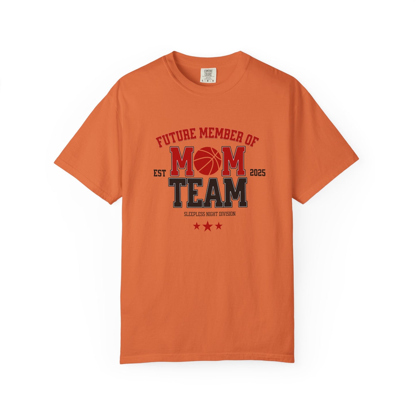 Orange t-shirt with 'Future Member of Mom Team' text on a white background
