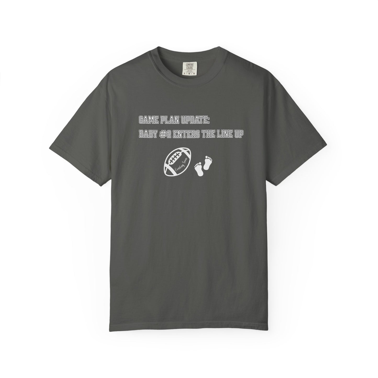 Gray t-shirt with humorous text and graphics on a white background