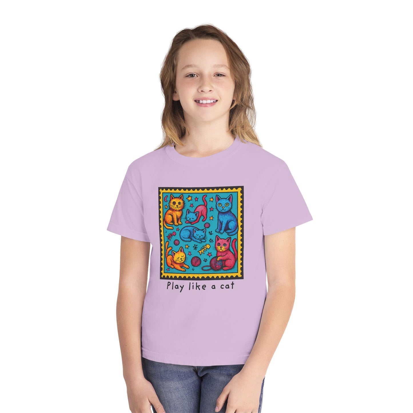 Play Like A Cat Pop Art Style Youth Tee, Comfort Colors T-Shirt for Kids, Cat Lover Gift, Graphic Print Shirt, Kitty Theme Clothing