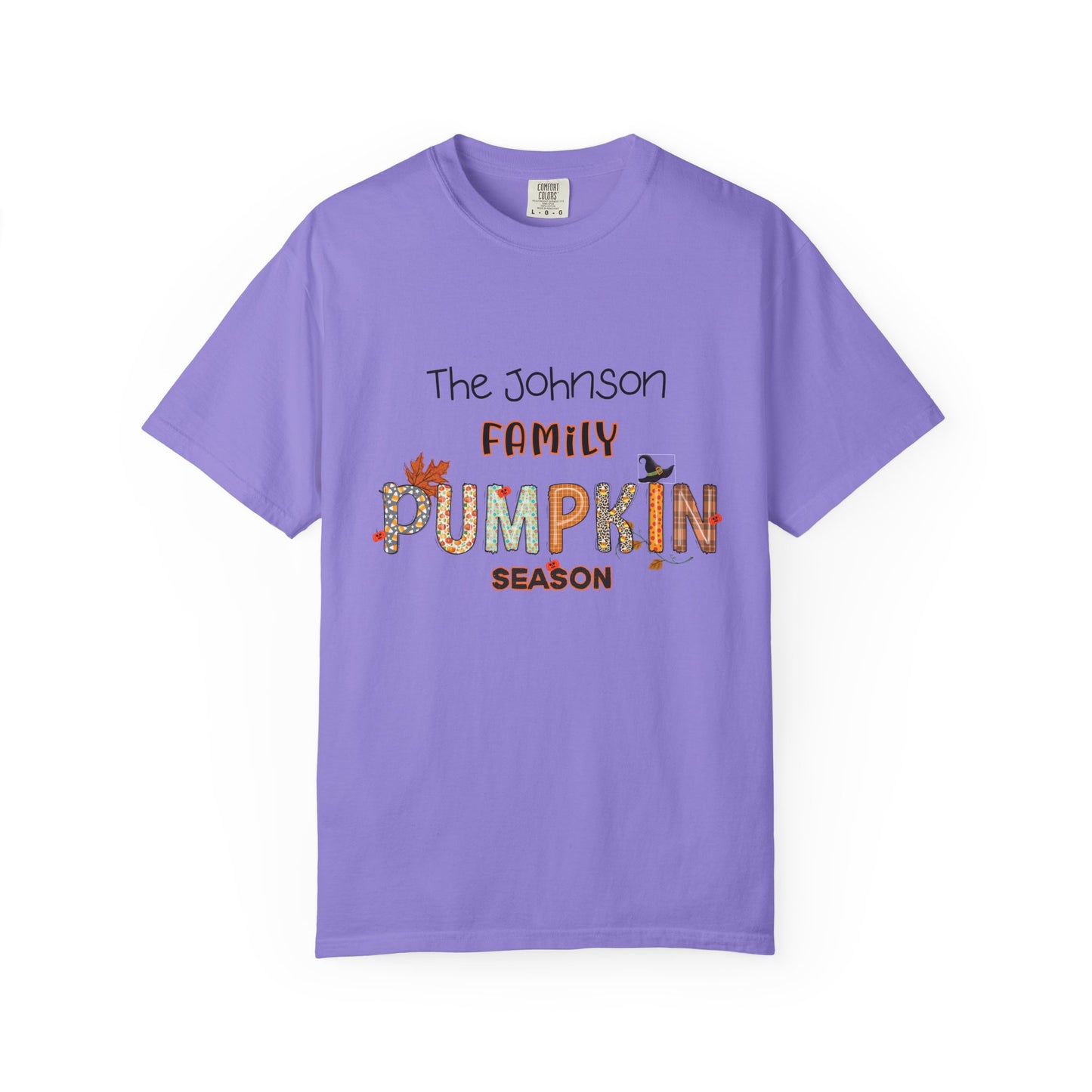 Purple t-shirt with 'The Johnson Family Pumpkin Season' text on a white background