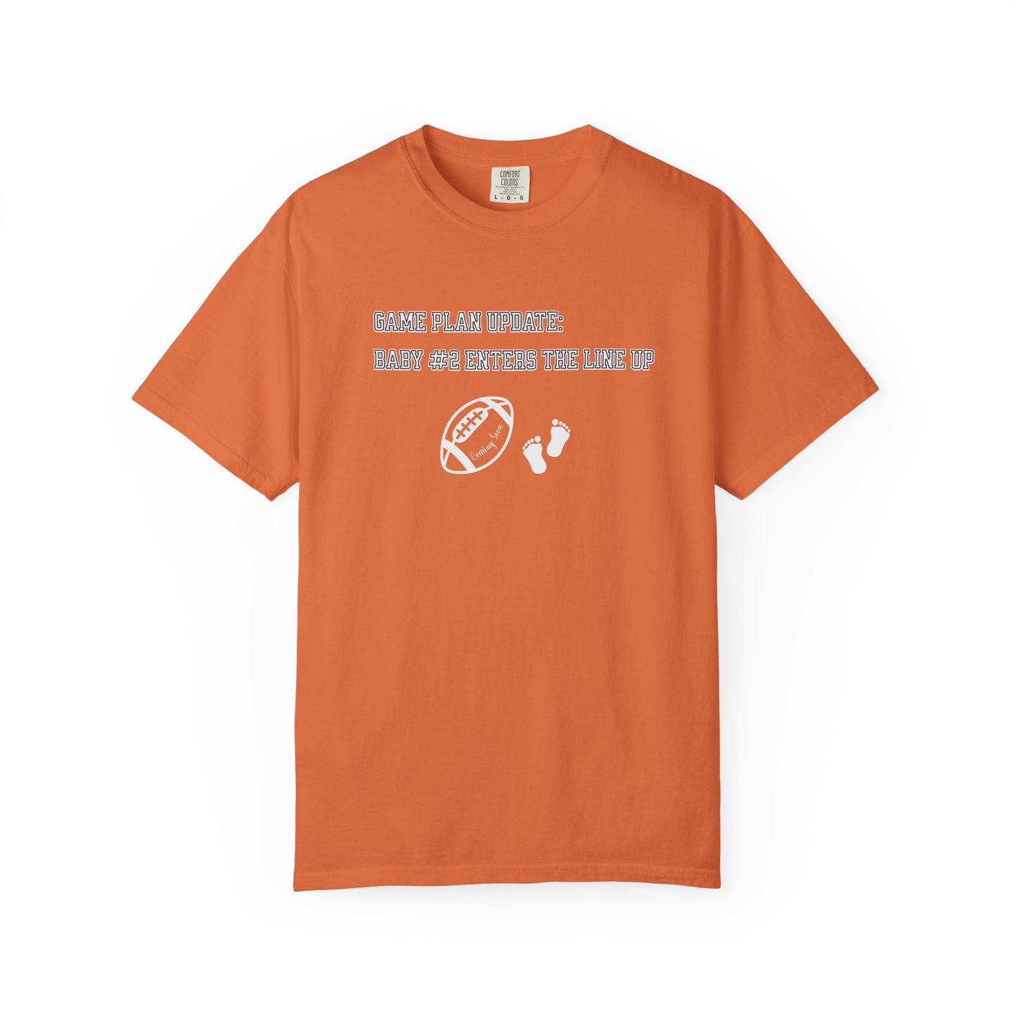 Orange t-shirt with white text and graphics on a white background