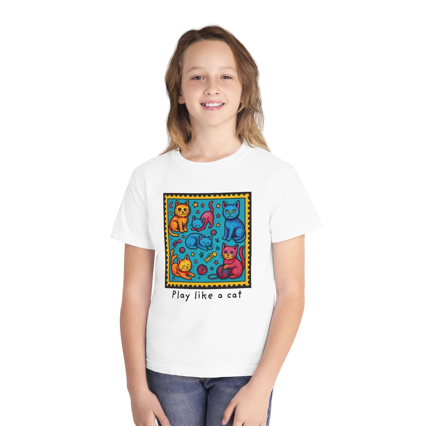 Play Like A Cat Pop Art Style Youth Tee, Comfort Colors T-Shirt for Kids, Cat Lover Gift, Graphic Print Shirt, Kitty Theme Clothing