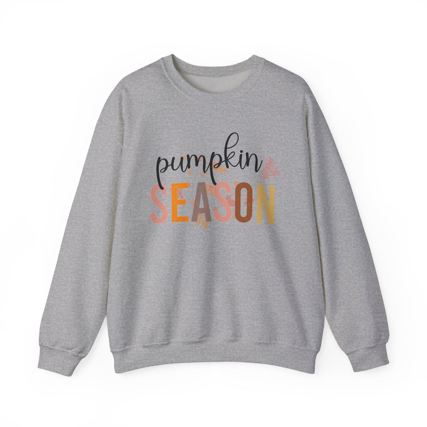 Gray sweatshirt with 'pumpkin season' text on a white background