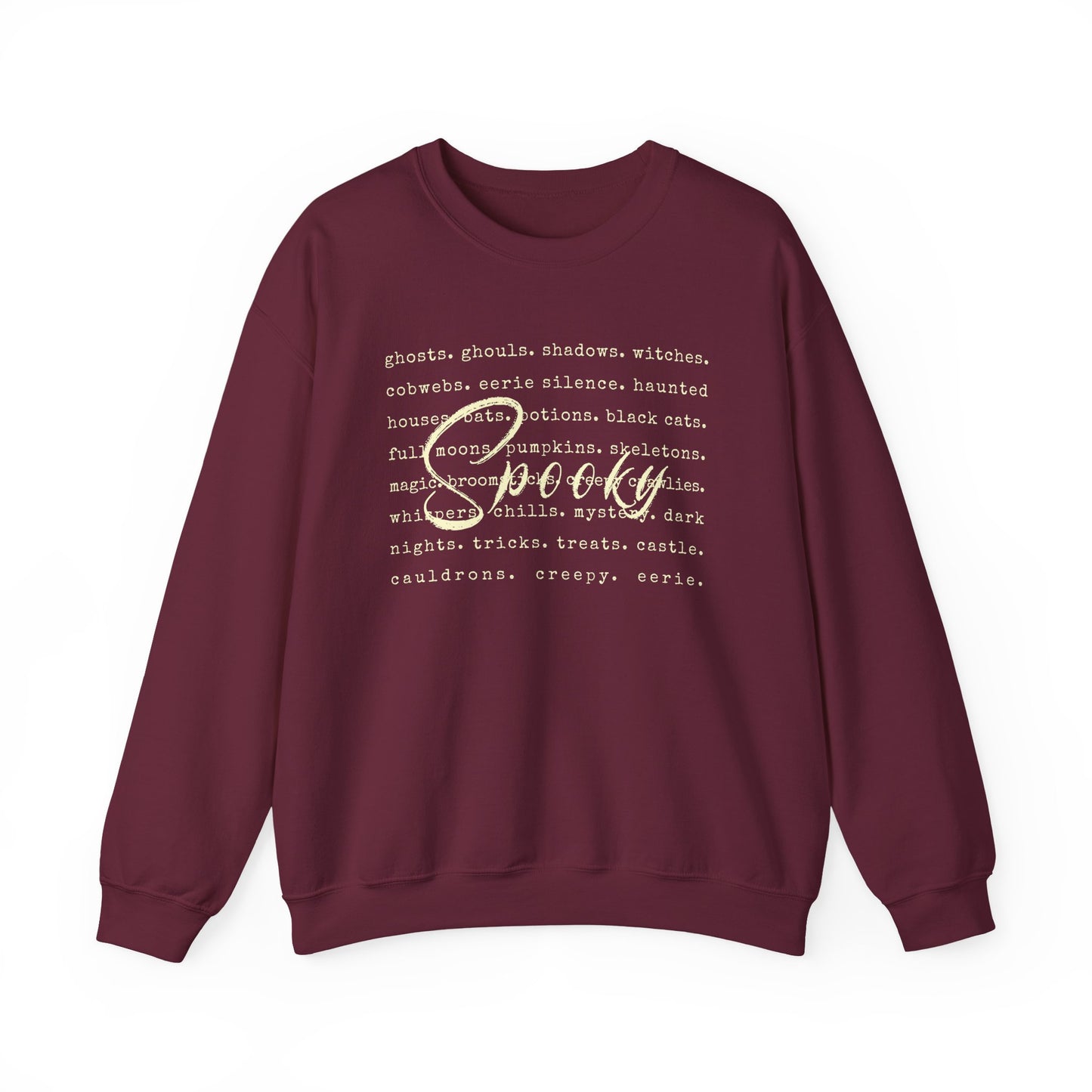 Maroon sweatshirt with white text on a white background