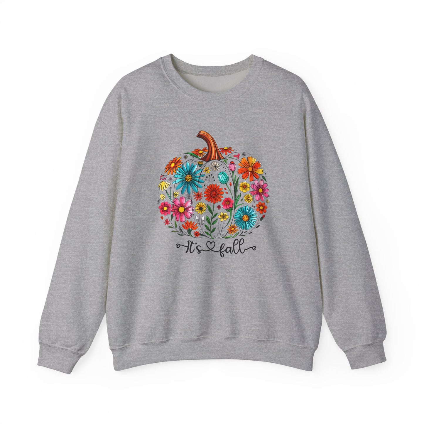 Gray sweatshirt with a colorful pumpkin design and 'It's Fall' text on a white background