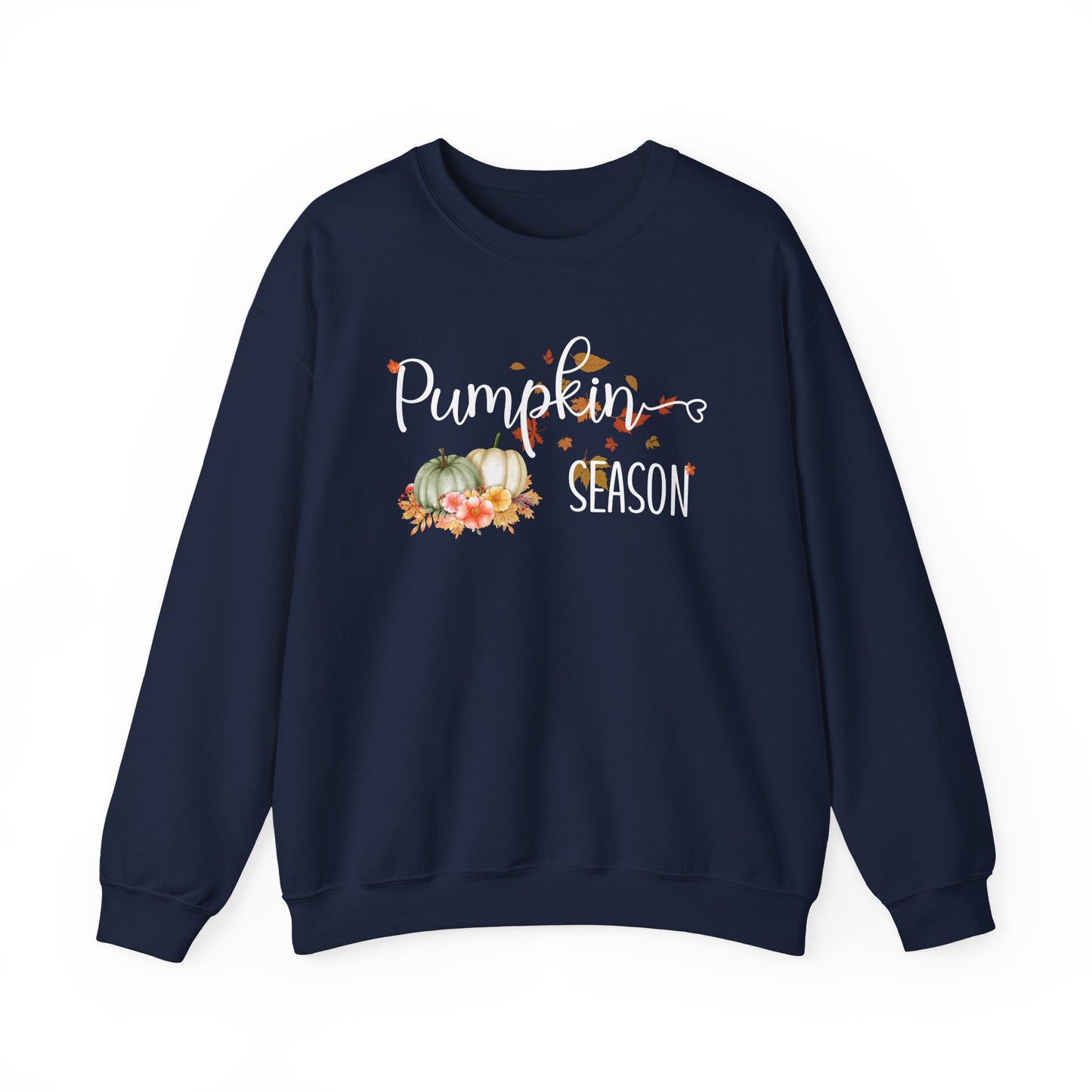 Navy blue sweatshirt with 'Pumpkin Season' text and pumpkins design on a white background