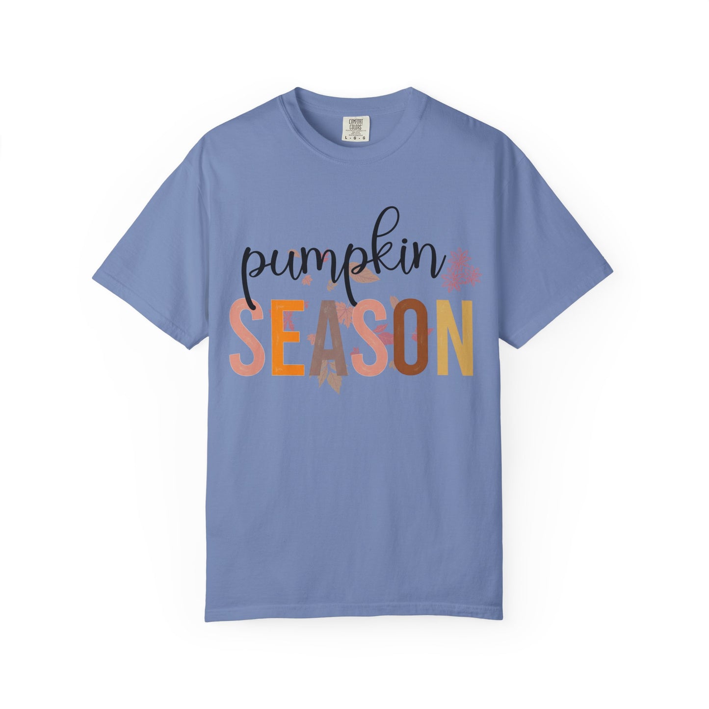 Blue t-shirt with 'pumpkin season' text on a white background