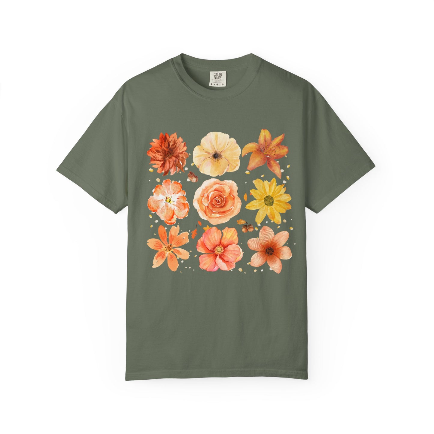 Green t-shirt with colorful floral design on a white background