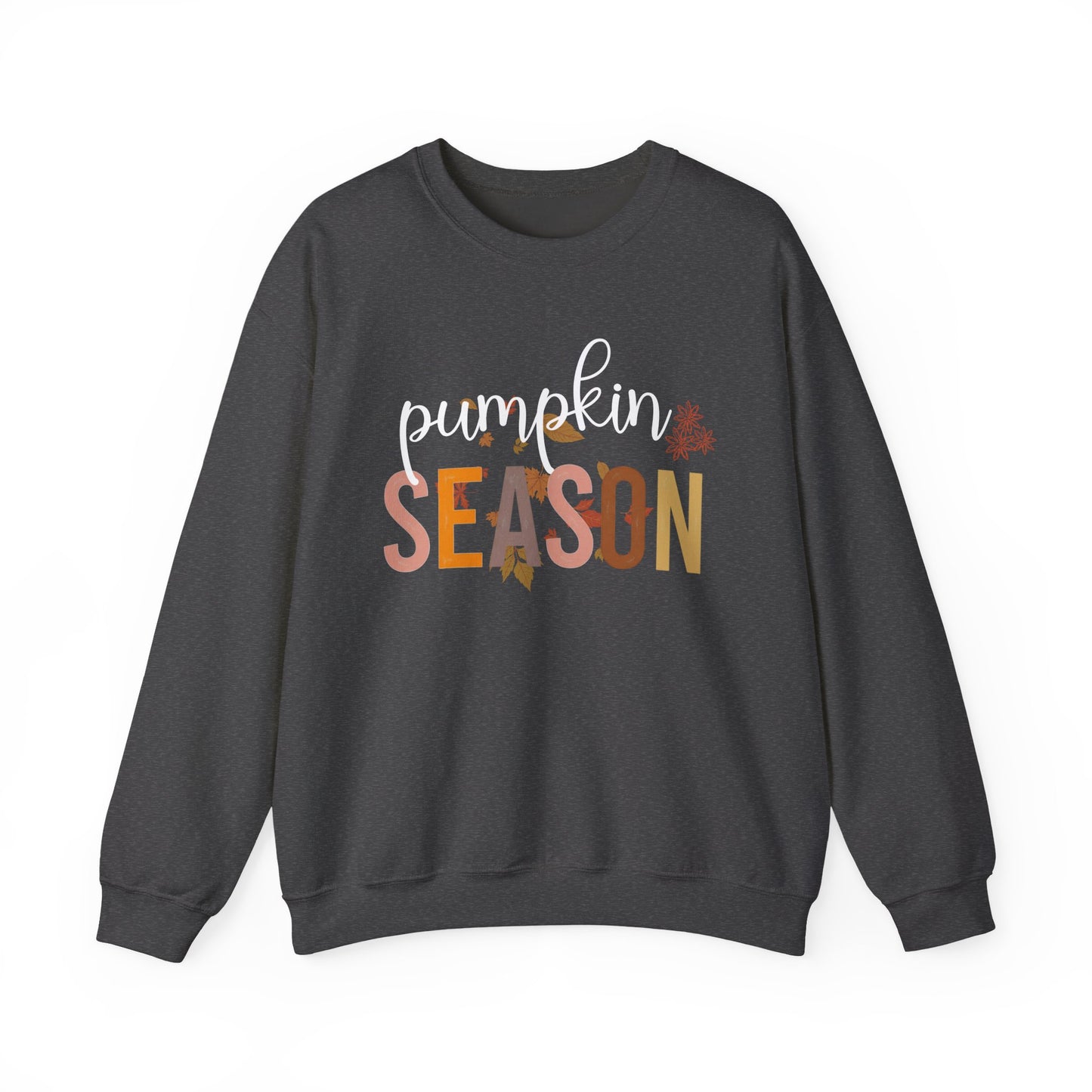 Dark gray sweatshirt with 'pumpkin season' text on a white background