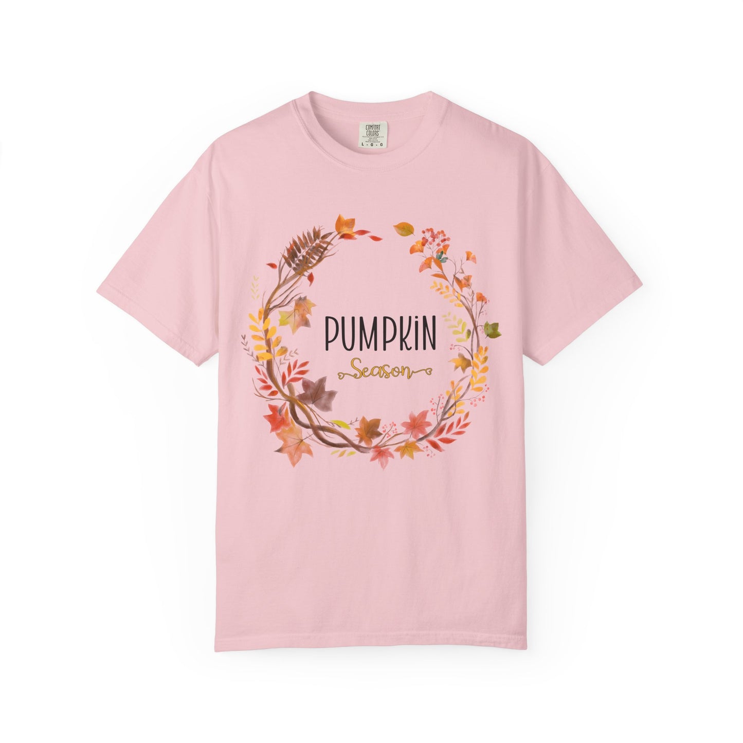 Pink t-shirt with 'Pumpkin Season' design on a white background