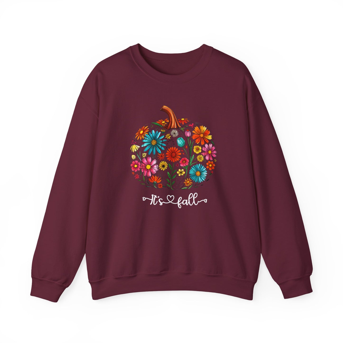 Maroon sweatshirt with a colorful pumpkin design and 'It's Fall' text on a white background