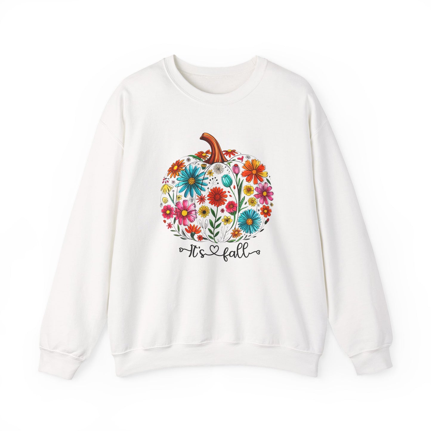 White sweatshirt with a floral pumpkin design and 'It's Fall' text on a white background
