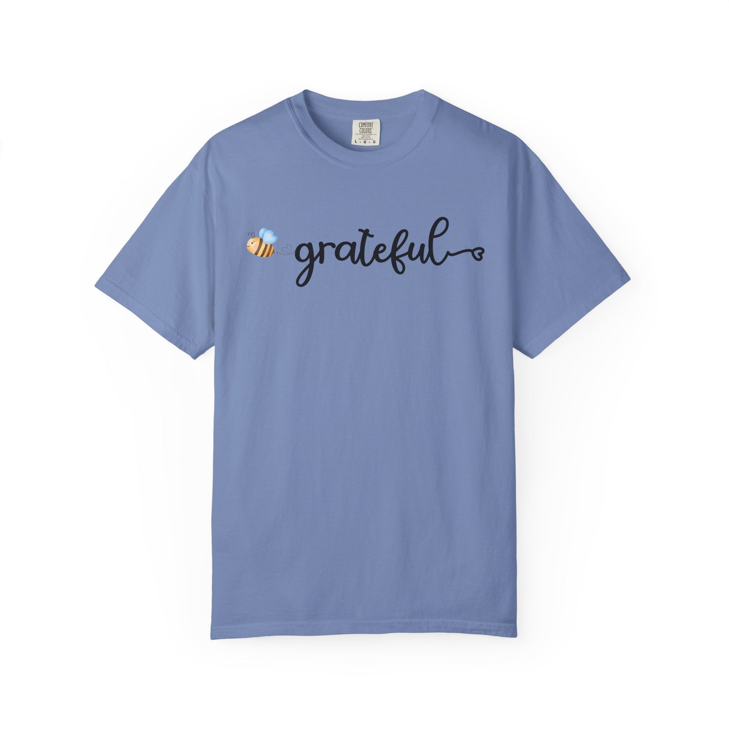Blue t-shirt with 'grateful' and a bee design on a white background