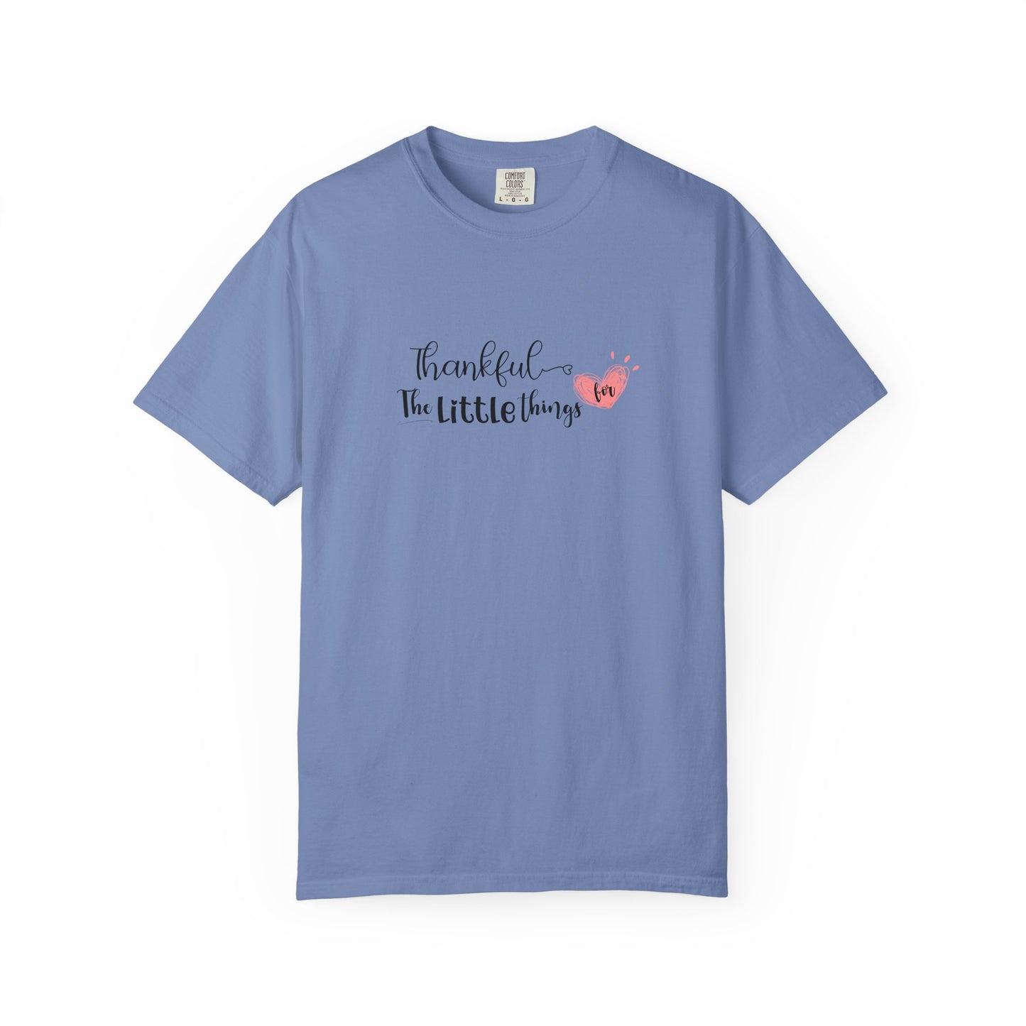 Blue t-shirt with 'Thankful for the little things' text and heart design on a white background