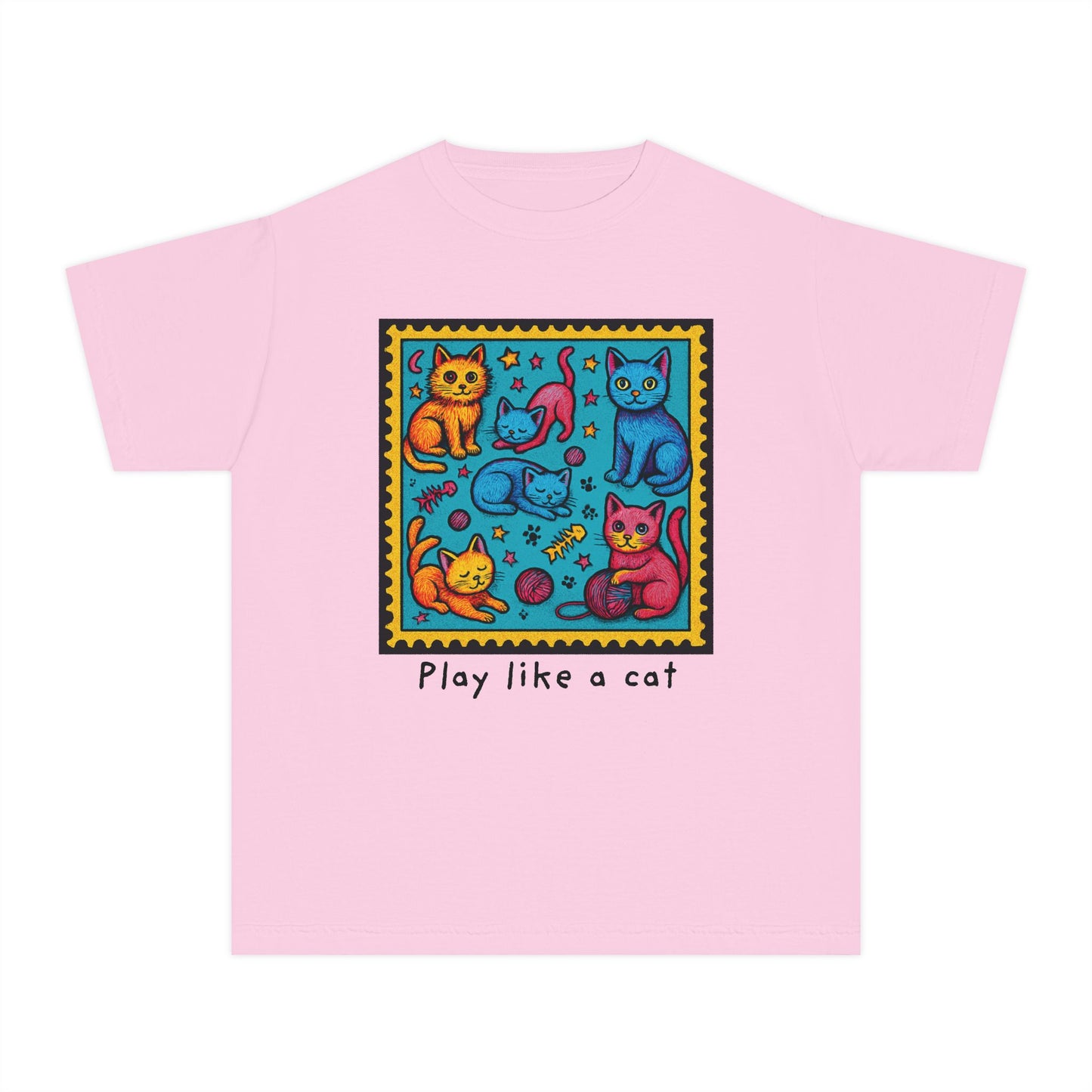 Play Like A Cat Pop Art Style Youth Tee, Comfort Colors T-Shirt for Kids, Cat Lover Gift, Graphic Print Shirt, Kitty Theme Clothing
