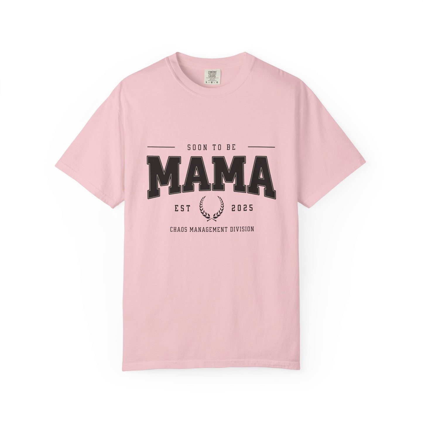 Pink t-shirt with 'Soon to be Mama' text on a white background