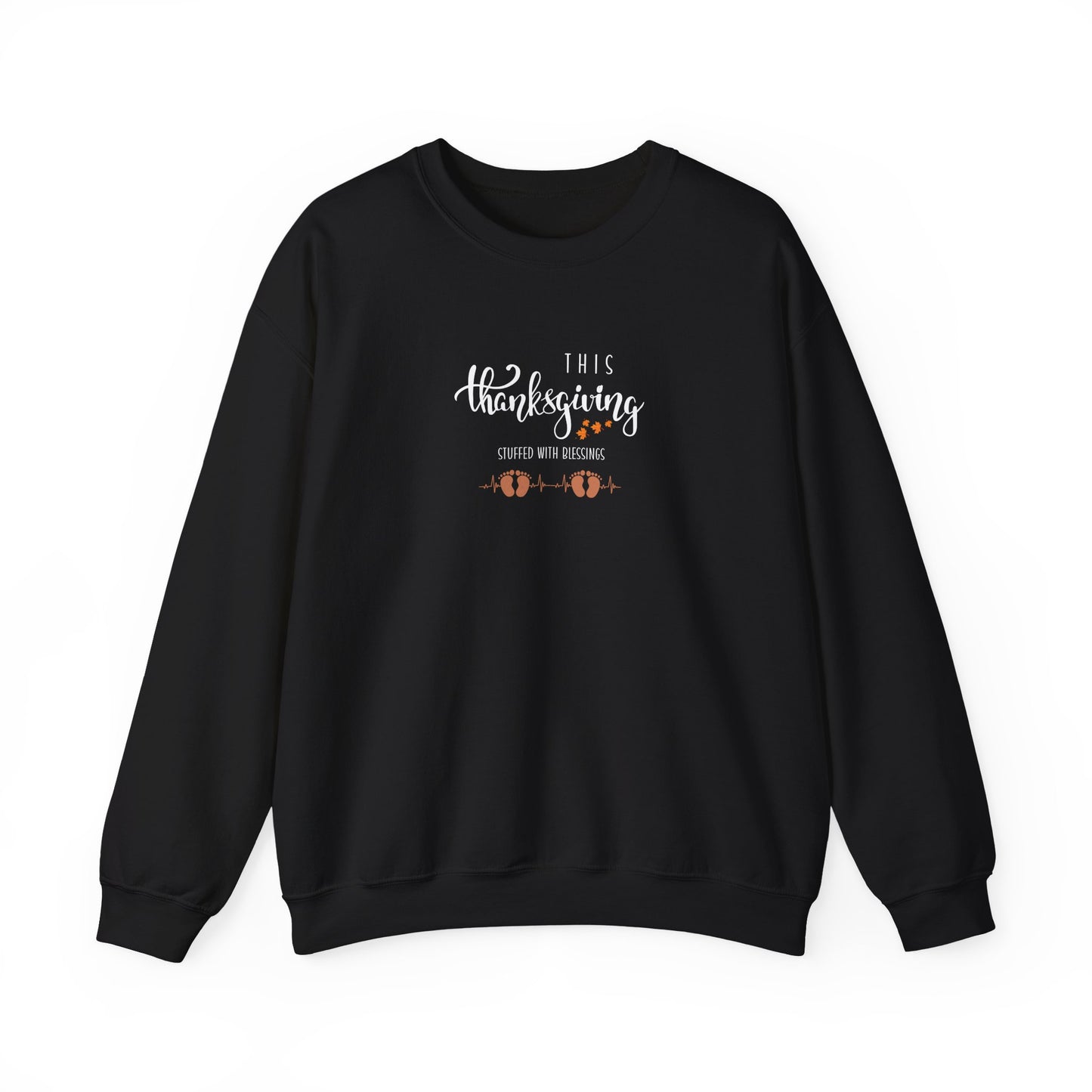 Black sweatshirt with 'This Thanksgiving stuffed with delicious' text and graphics on a white background