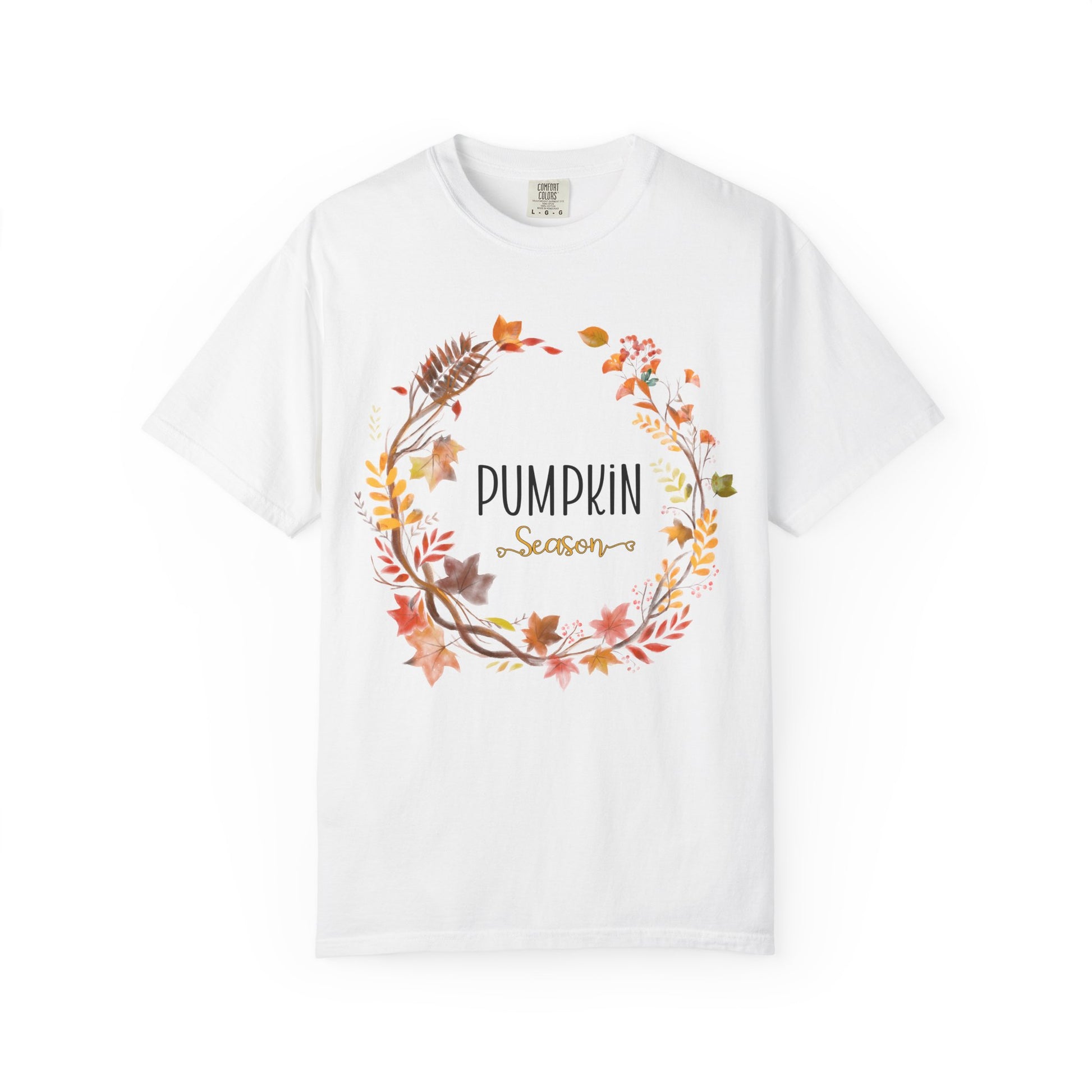 White t-shirt with 'Pumpkin Season' design on a white background