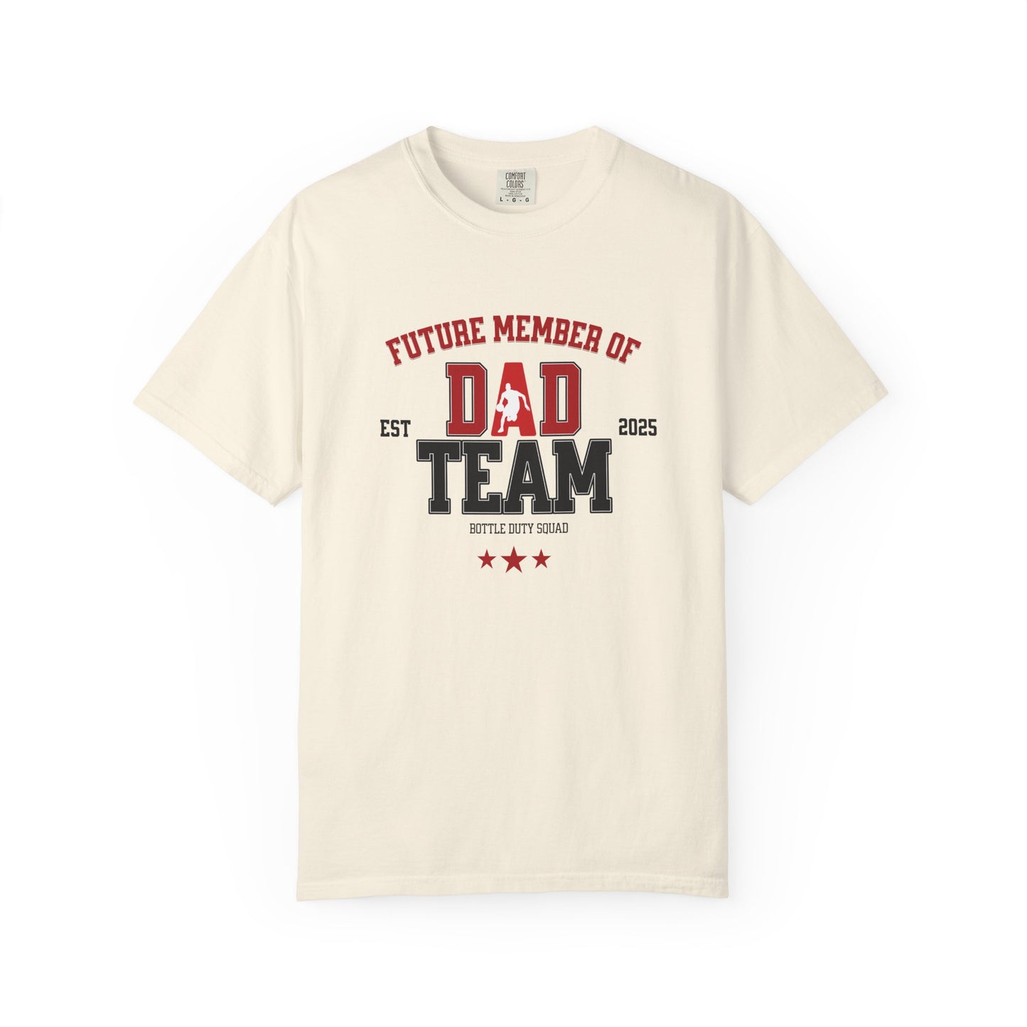 Beige t-shirt with 'Future Member of Dad Team' text and graphics on a white background