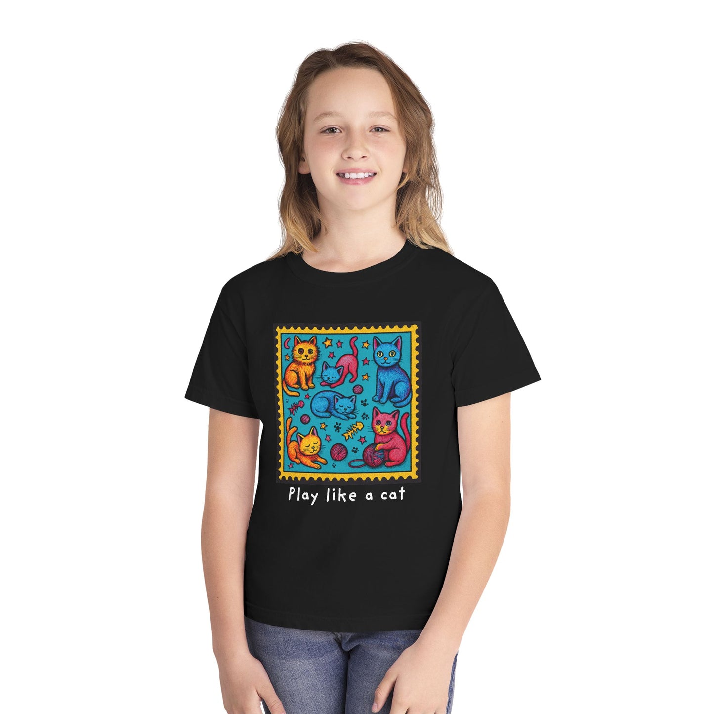 Play Like A Cat Pop Art Style Youth Tee, Comfort Colors T-Shirt for Kids, Cat Lover Gift, Graphic Print Shirt, Kitty Theme Clothing