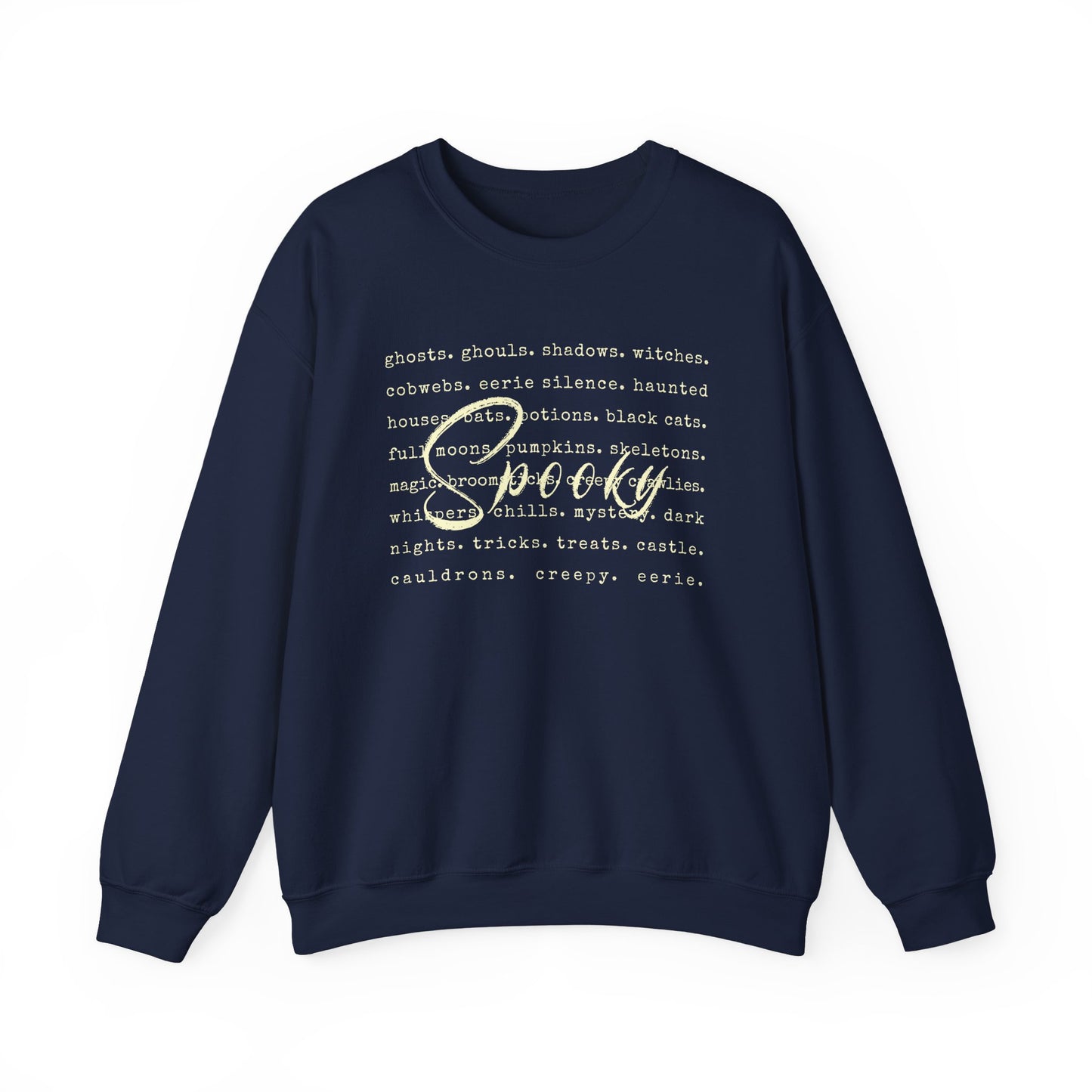 Navy blue sweatshirt with white text on a white background