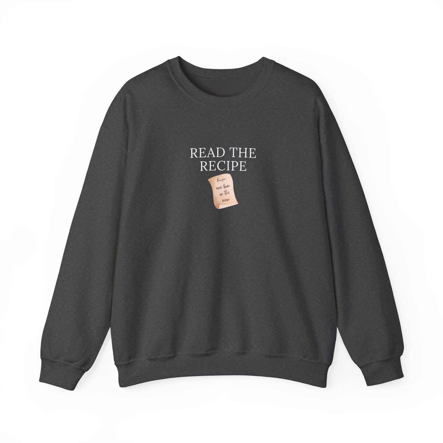Dark gray sweatshirt with 'Read the Recipe' text and a small label on a white background
